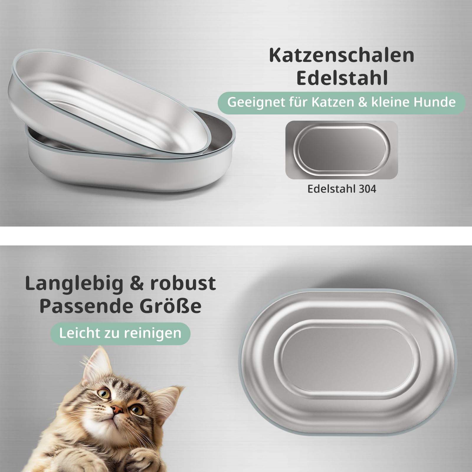 Edelstahlschalen für automatischen Mikrochip-Futterautomat für Haustiere – Dichtungsring-Design zur Frischehaltung und Geruchsreduzierung, Edelstahl 304, leicht zu reinigen, 2er-Set Plus Unterlage