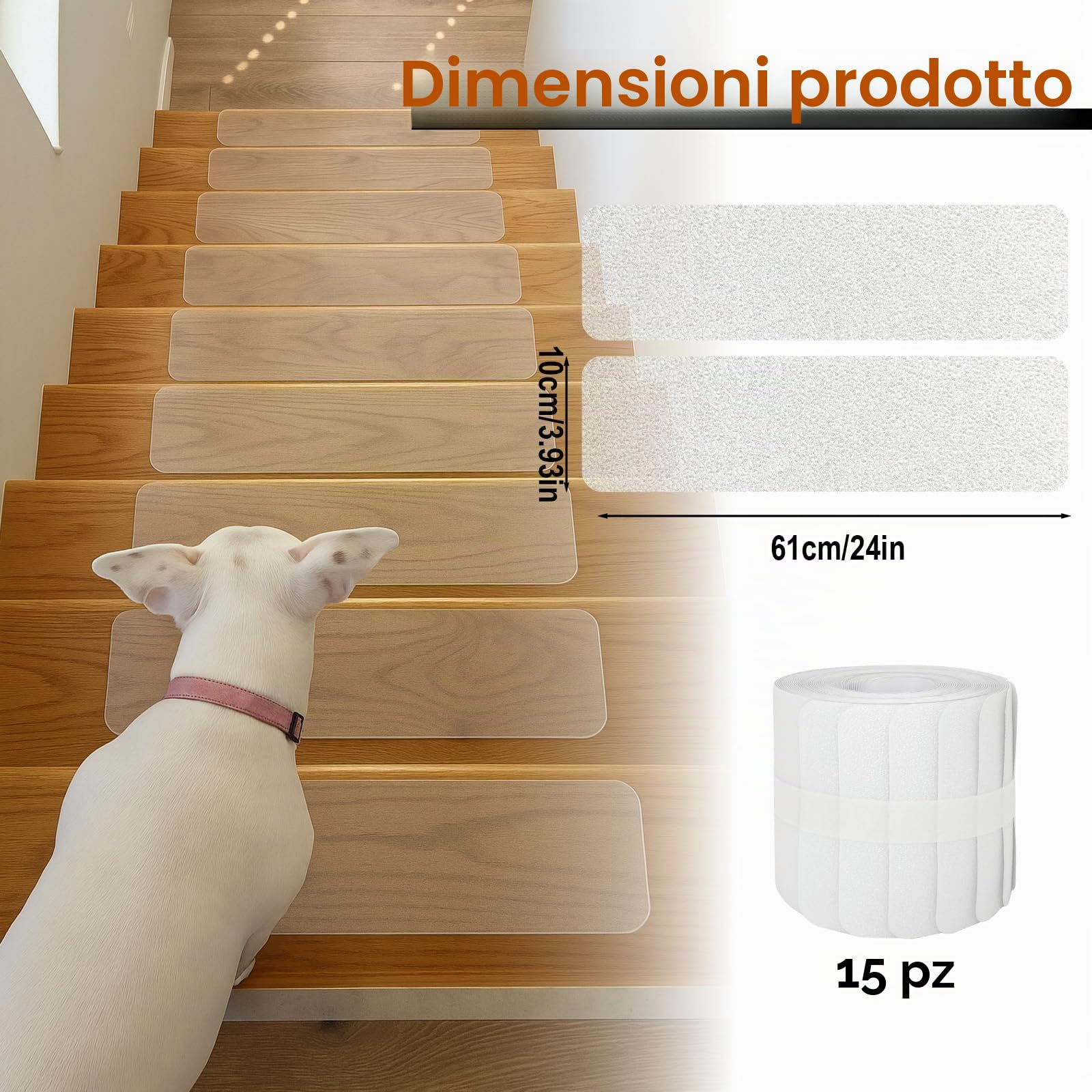 Set di 15 tappetini antiscivolo per gradini, autoadesivi, antiscivolo, per scale, trasparenti, antiscivolo per gradini in legno e pavimenti (10 x 60 cm)
