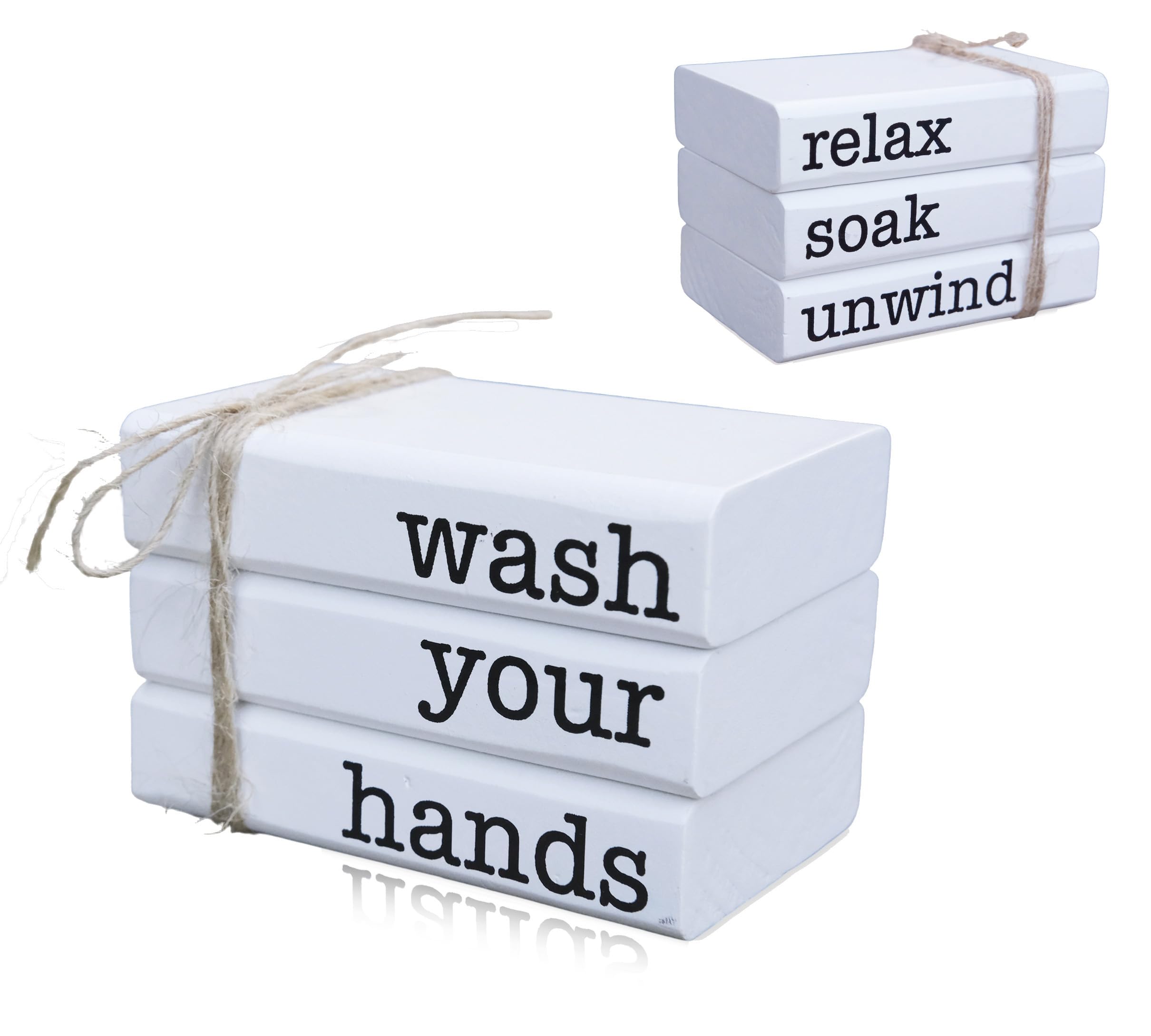 Gniynay Wash Hands Farmhouse Mini Bookstack For Bathroom Decor Wooden Books For Restroom Shelf Decorative Accent For Guest Bathroom Mini Sign, Reversible - Wash Your Hands/Relax Soak Unwind
