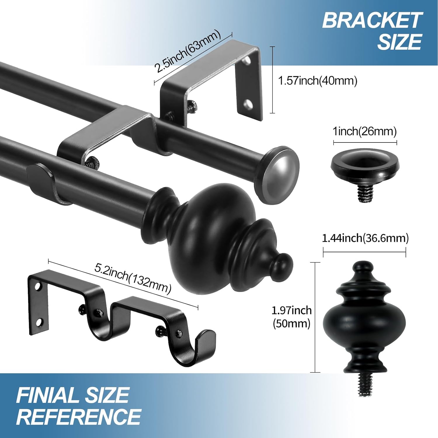 Urbanest Round Urn Adjustable Double Drapery Curtain Rod Set, 5/8", 84"-120", Black