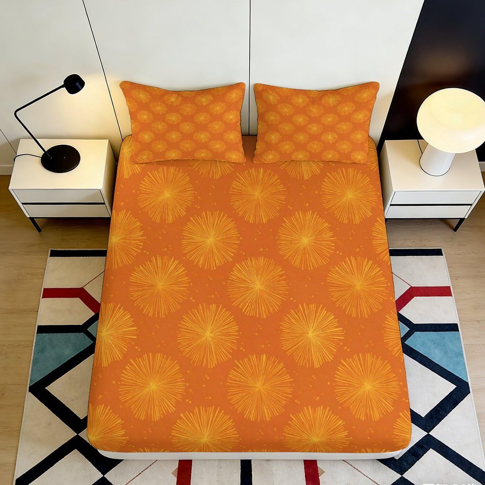 3D Printed Sunburst Pattern Fitted Sheet Microfiber Orange Mandala Mattress Cover for Bedroom Dorm Decor Protection 90x200x25cm