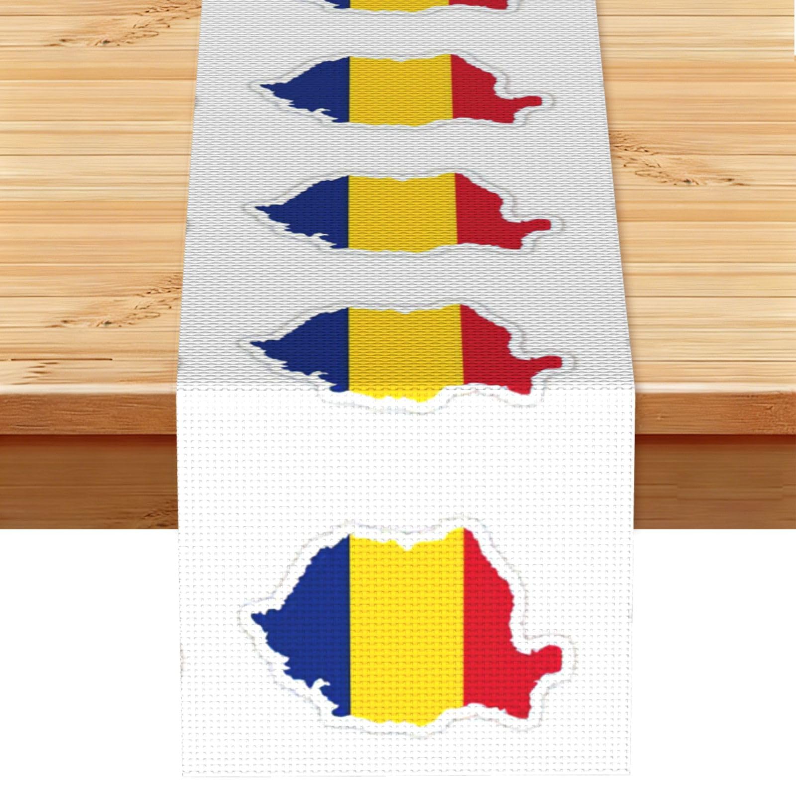 Romania Flag Map Printed Table Runner 13 x 72, Wrinkle Resistant Decor for Dining Table Coffee Table Fireplace