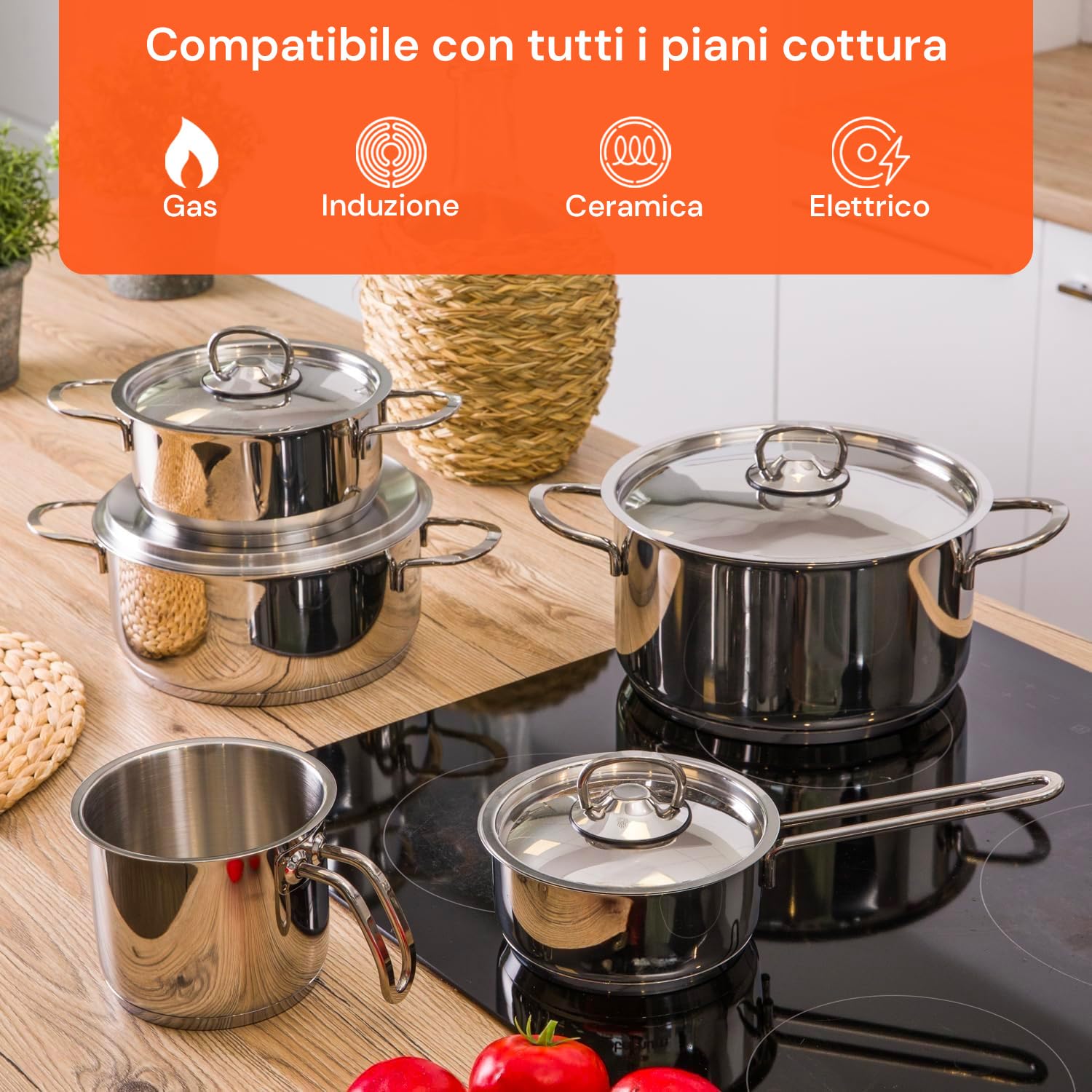 Avilia Batteria di 9 Pentole in Acciaio Inox - Set di Pentole con Casseruole e Coperchi in Vari Diametri, Adatti per Tutti i Piani Cottura