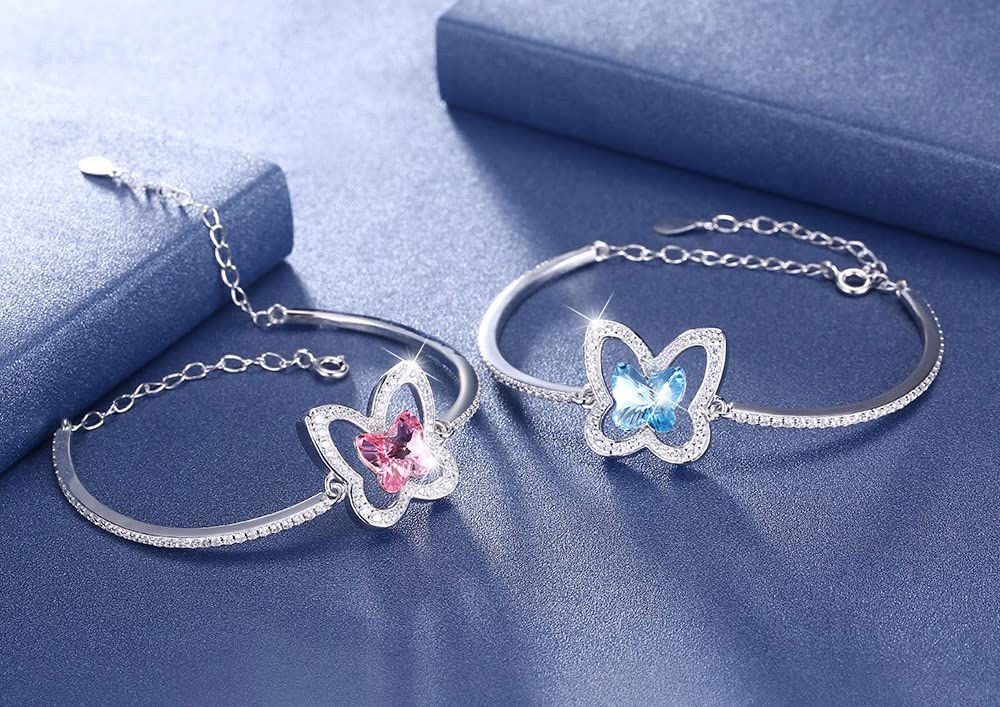 DAOMEI Cristal Real 925 Pulsera De Plata Mariposa Rosa Azul Pulseras Joyería Romántica para Mujeres Niñas Festival Aniversario Regalo