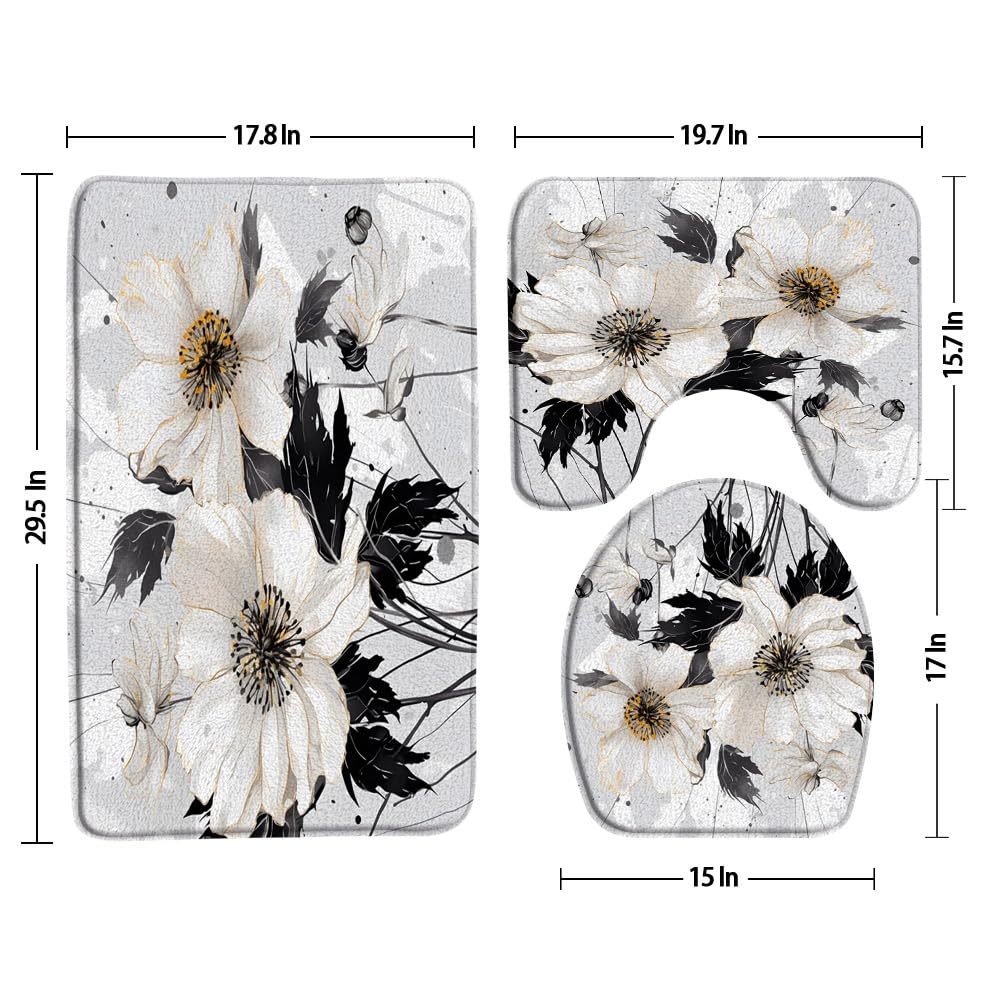 3pcs Black and White Floral Bathroom Sets with Non-Slip Rug,Toilet Lid Cover and Bath Mat,Vintage Abstract Grey Daisy Ink Painting Floral Rustic Boho Wildflowers Bathroom Carpet Bath Mat Toilet Rugs