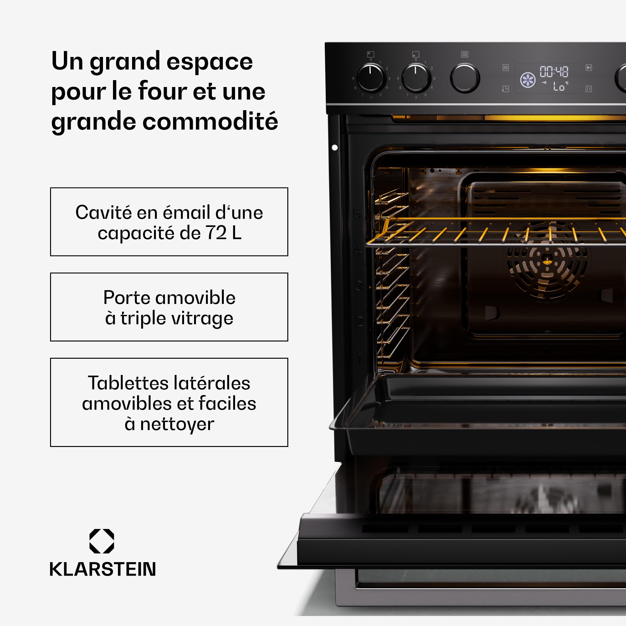 Klarstein ControlSync Four Avec Plaque Induction - Four 72L Avec Minuterie Numérique, 9 Fonctions, Sécurité Enfants, Plaque 4 Zones Booster, Design Verre Noir, Classe Énergétique A