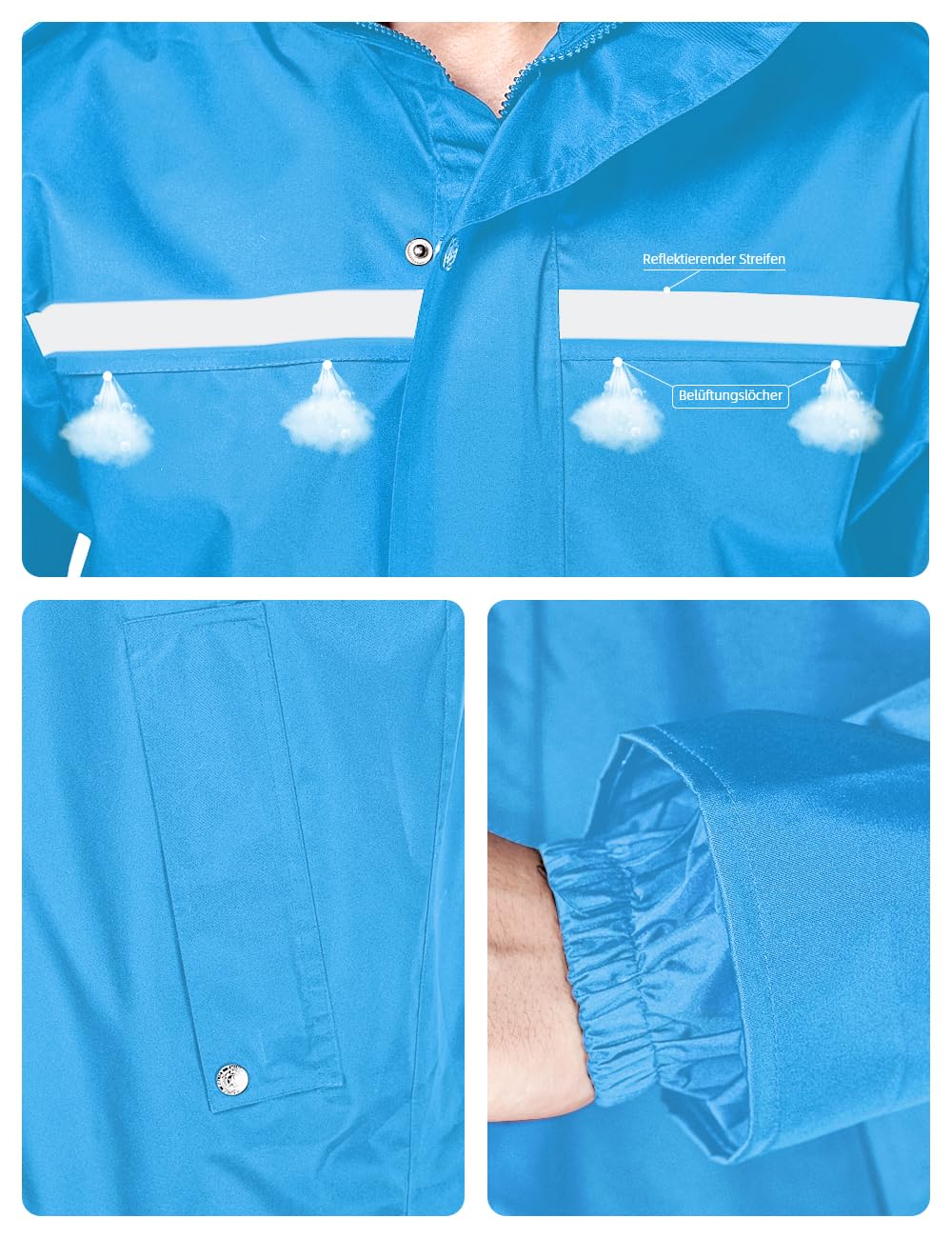 Coutyuyi Chubasquero impermeable largo impermeable para hombre Ropa de lluvia reflectante ligera,capucha reutilizable