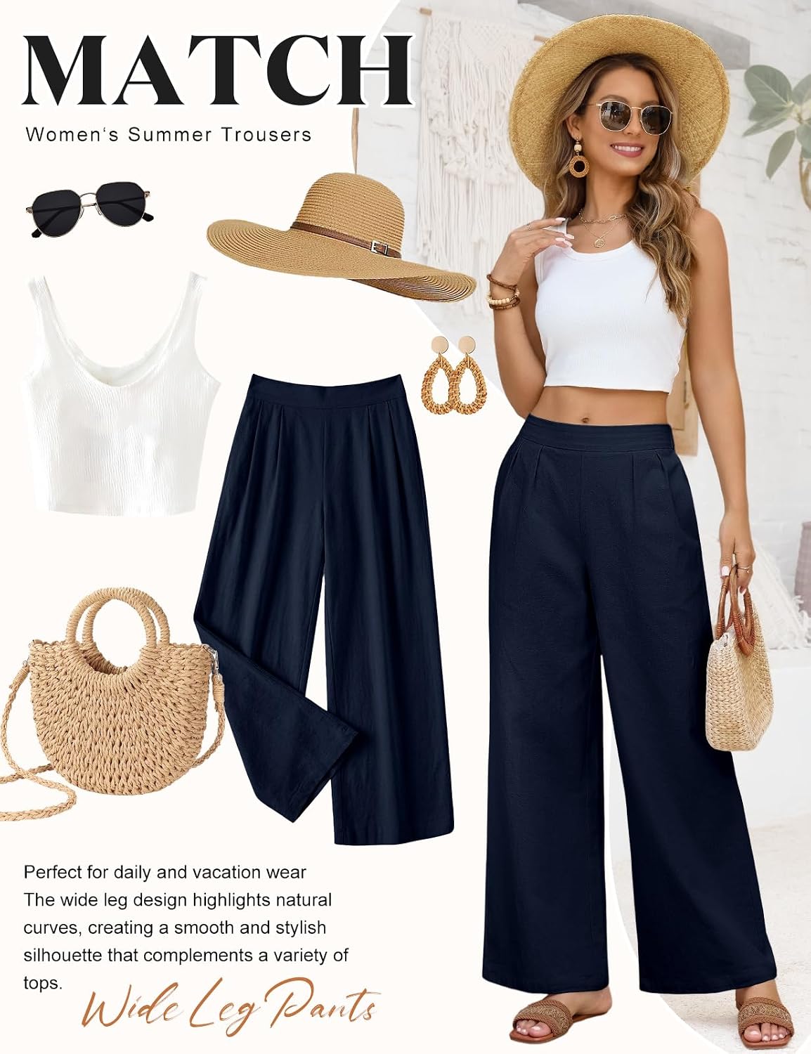 Women Cotton Pants Wide Leg Palazzo Summer Pant Beach Vacation Boho Pleat Semi-Elastic Waist Travel Work Dressy Trouser