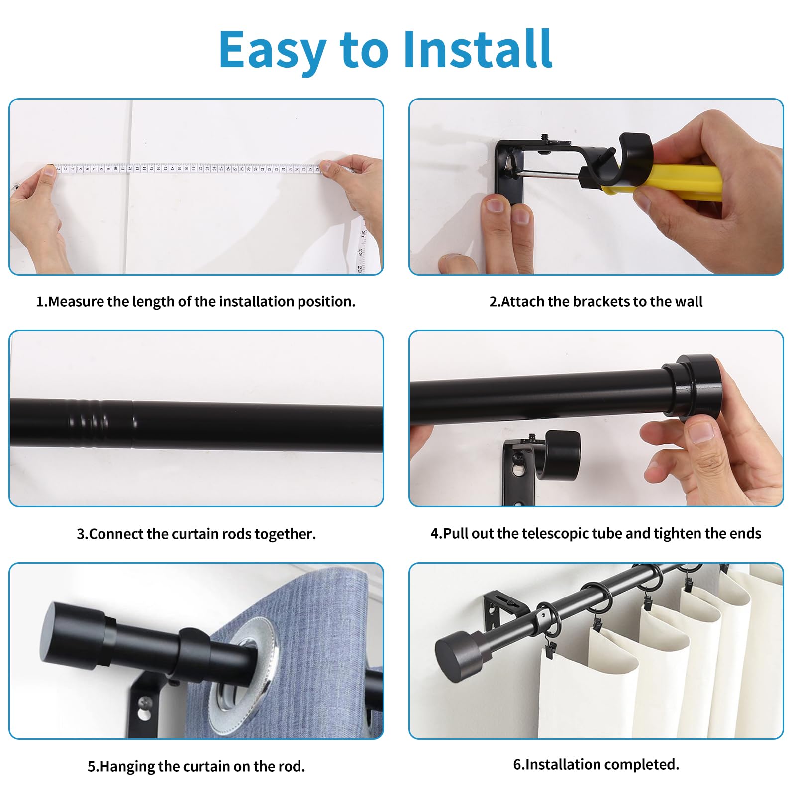 YuMierle Bastone Per Tende Regolabile 1,2-2,1 M – Diametro 2,5 Cm, Nero Opaco, Terminali Quadrati In Lega - 4