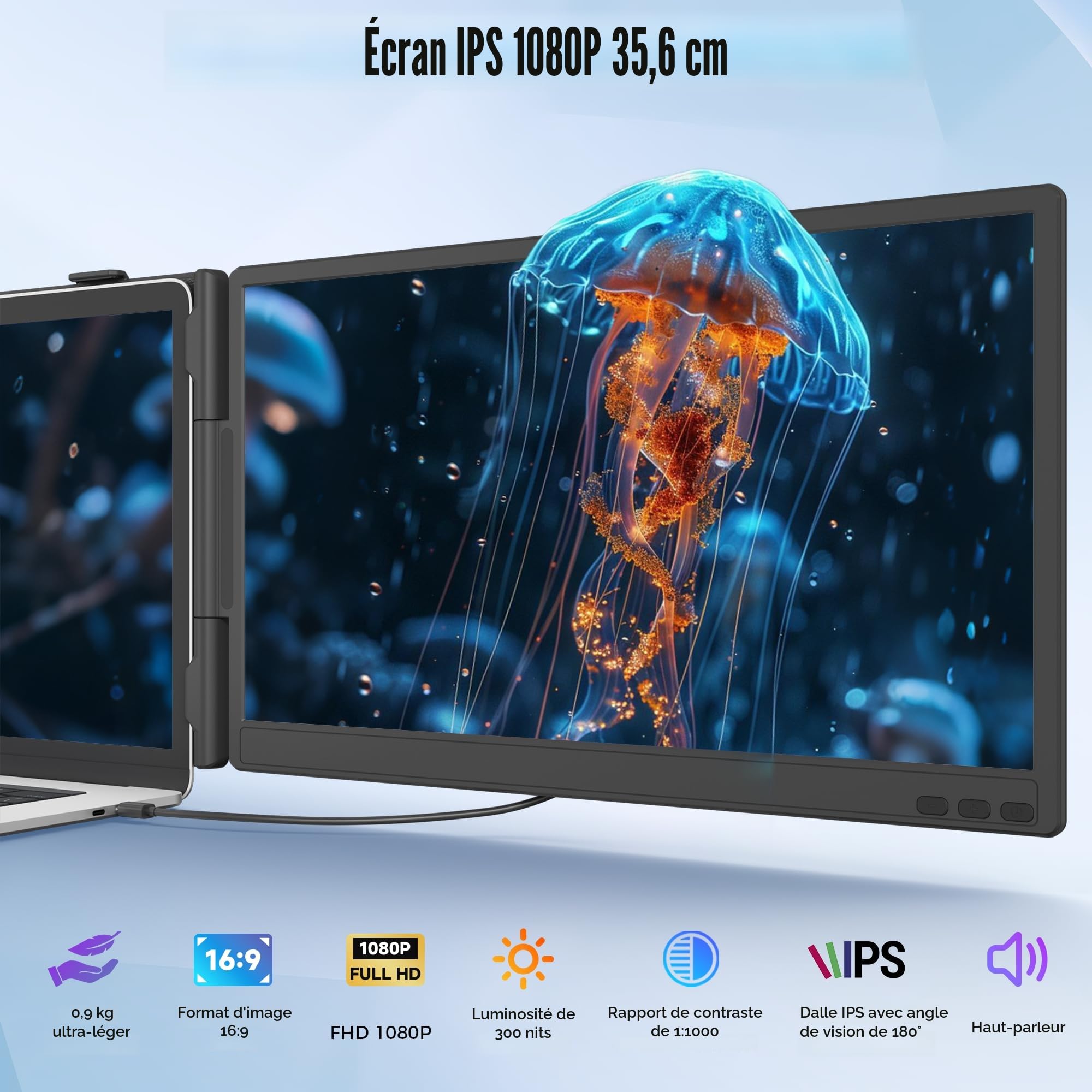 14” Extension Ecran PC Portable, Double Écran PC Portable IPS FHD 1080P avec USB-C/HDMI, Extension d'écran Portable pour 13-17.3" Ordinateurs Portables avec Plug & Play pour Mac/Android