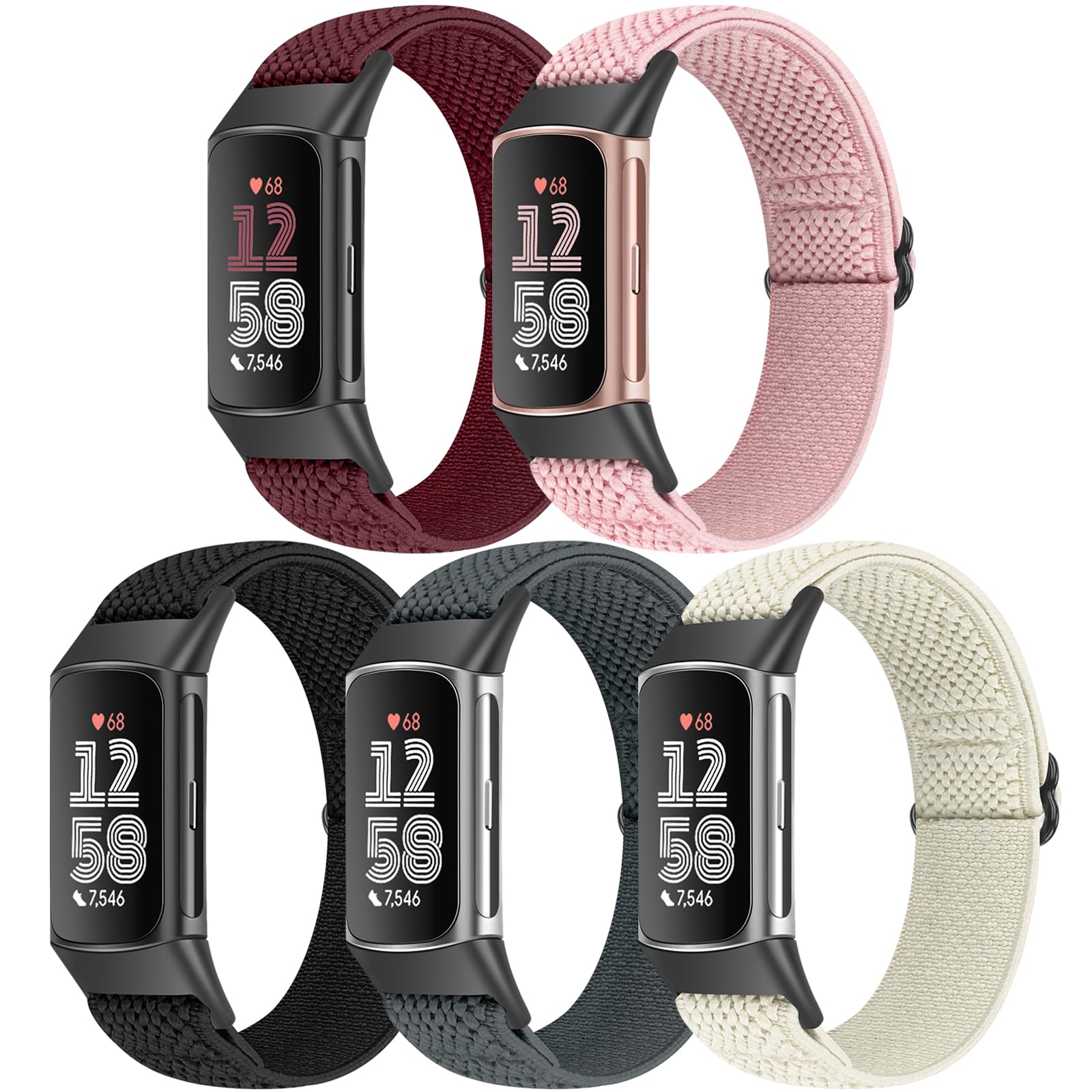 5 Pack Elastic Nylon Watch Bands Compatible for Fitbit Charge 6/Fitbit Charge 5, Adjustable Breathable Replacement Stretchy Nylon Loop Wristband Sport Strap for Women Men