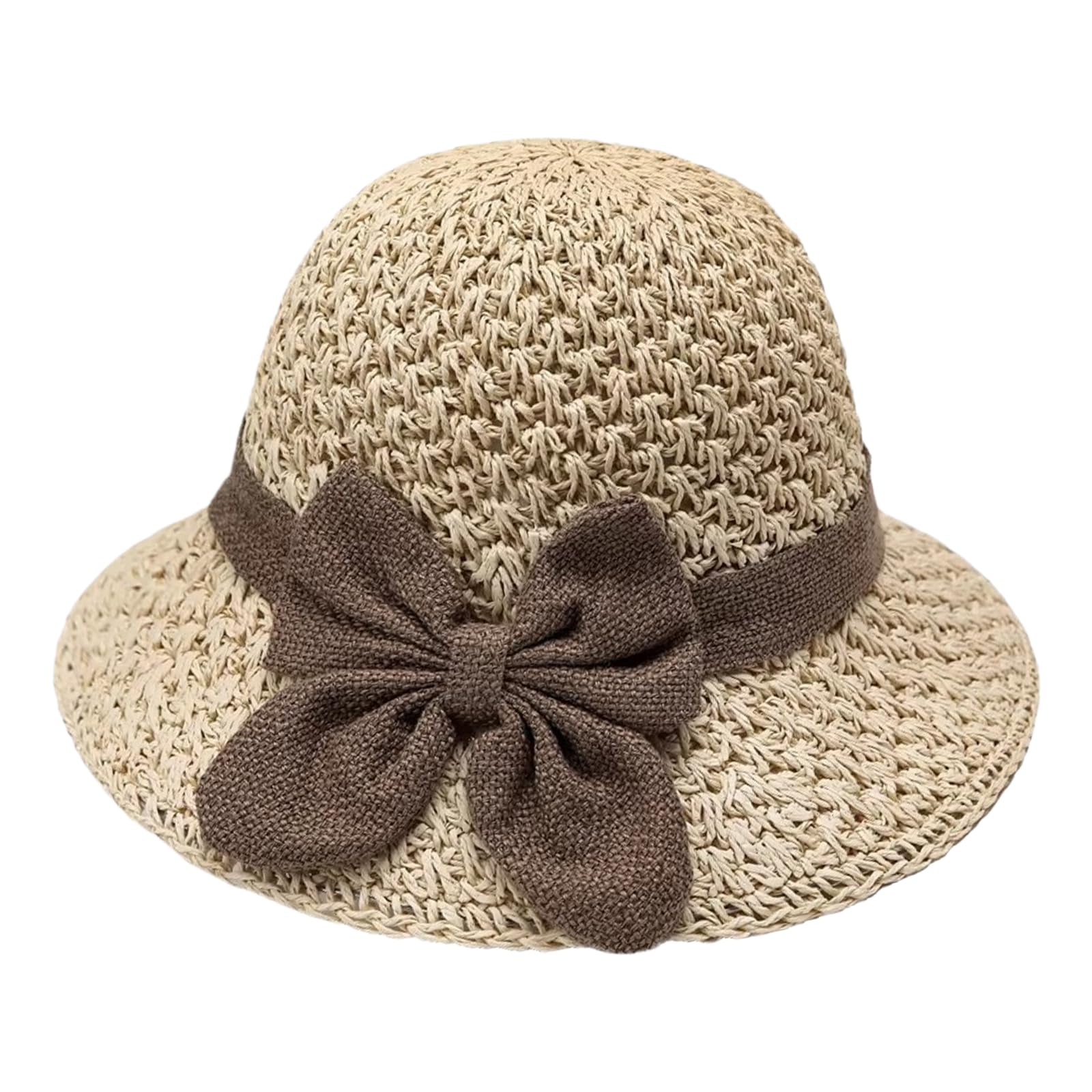 Women’s Foldable Small Brim Straw Sun Hat, Breathable Packable Beach Hat with Bow Bucket Cap for Summer Travel & Outdoor