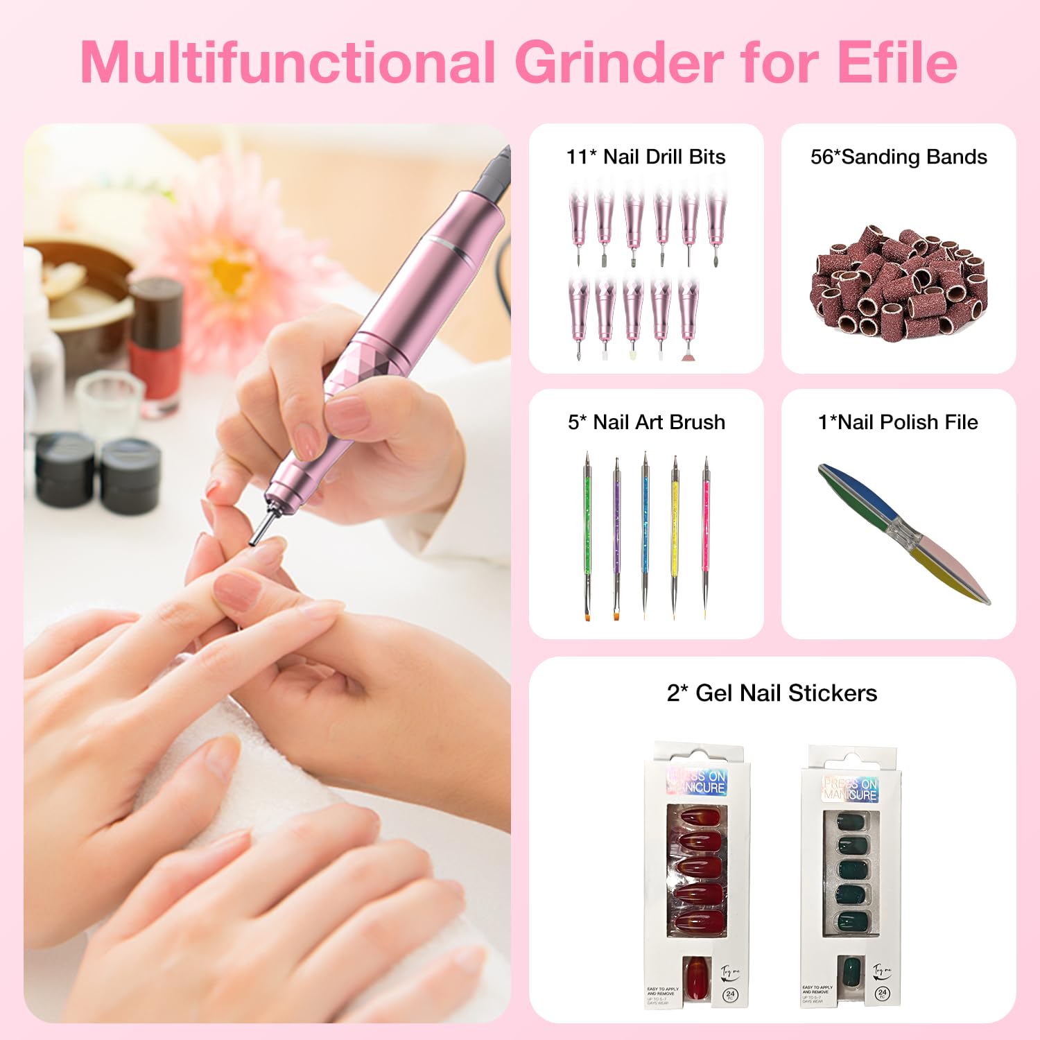 Electric Nail File 45000RPM Professional Nail Drill, Cordless Rechargeable E File for Acrylic Nails & Gel Nails, Adjustable Speed Manicure Pedicure Kit for Salon Home Use, Pink