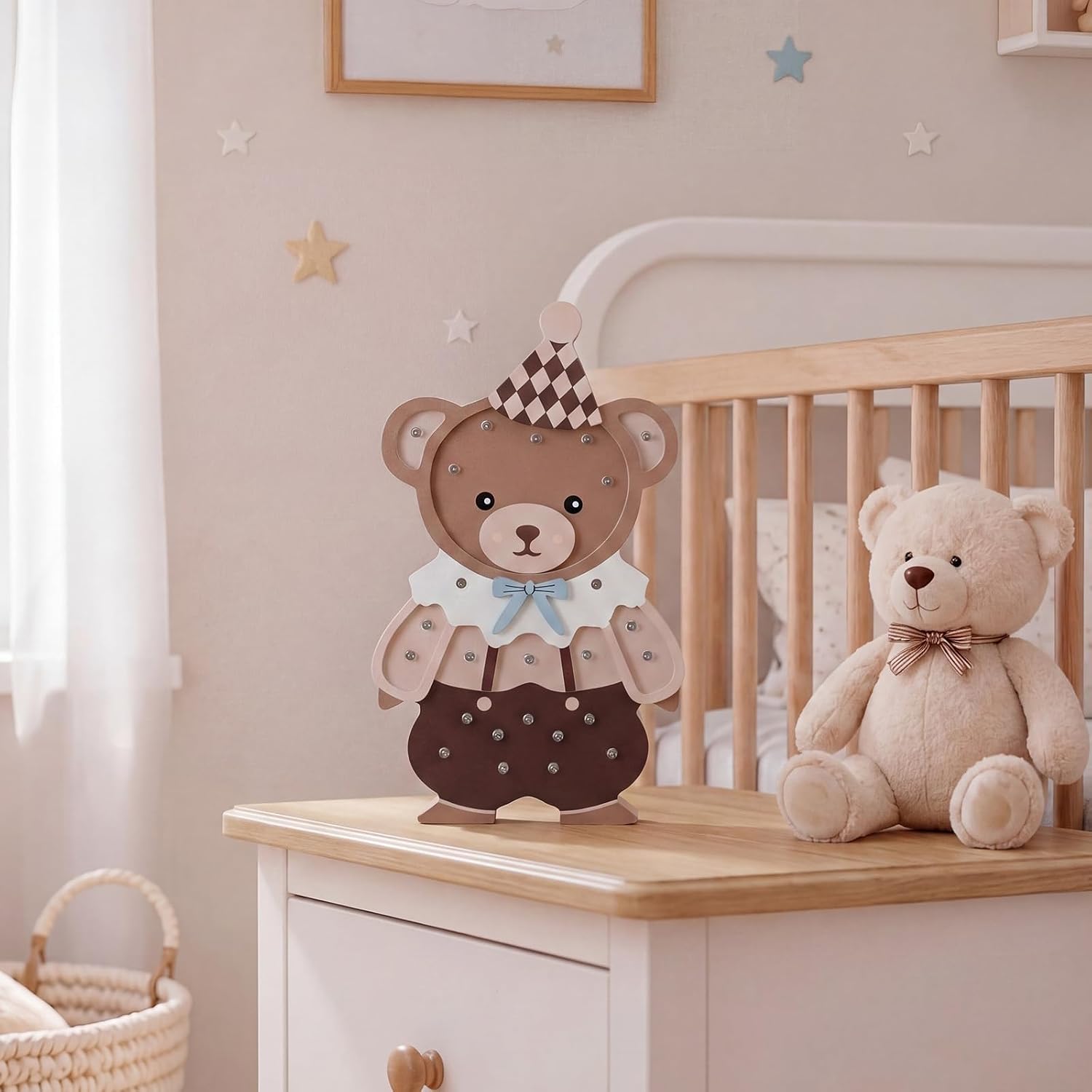 Cute Bear Night Light Wooden Bear Table Lamp Battery Powered Animal Night Light for Baby Shower Baby Kids Bedroom Nursery Decor