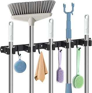 WISYOK Besenhalterung Wand 1pcs, 5 Halter 4 Haken Schwerlast Gerätehalter, Edelstahl Gartengerätehalter, Besenhalter Wandhalterung für Garage, Werkstatt, Garten, Abstellraum (Schwarz)