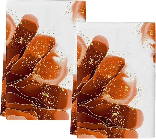 Kitchen Towels 2 Packs Cotton Tea Towel, Geometric Burnt Orange Flower Gold Line Marble Texture Reusable Dish Cloths Absorbent Hand Towels for