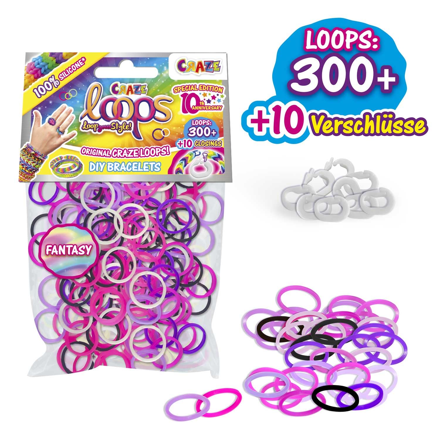 CRAZE loops BAG 300 - Loom zestaw uzupełniający 300 gumek i 10 zapięć, mieszanka kolorów, 100% przyjazny dla skóry silikon
