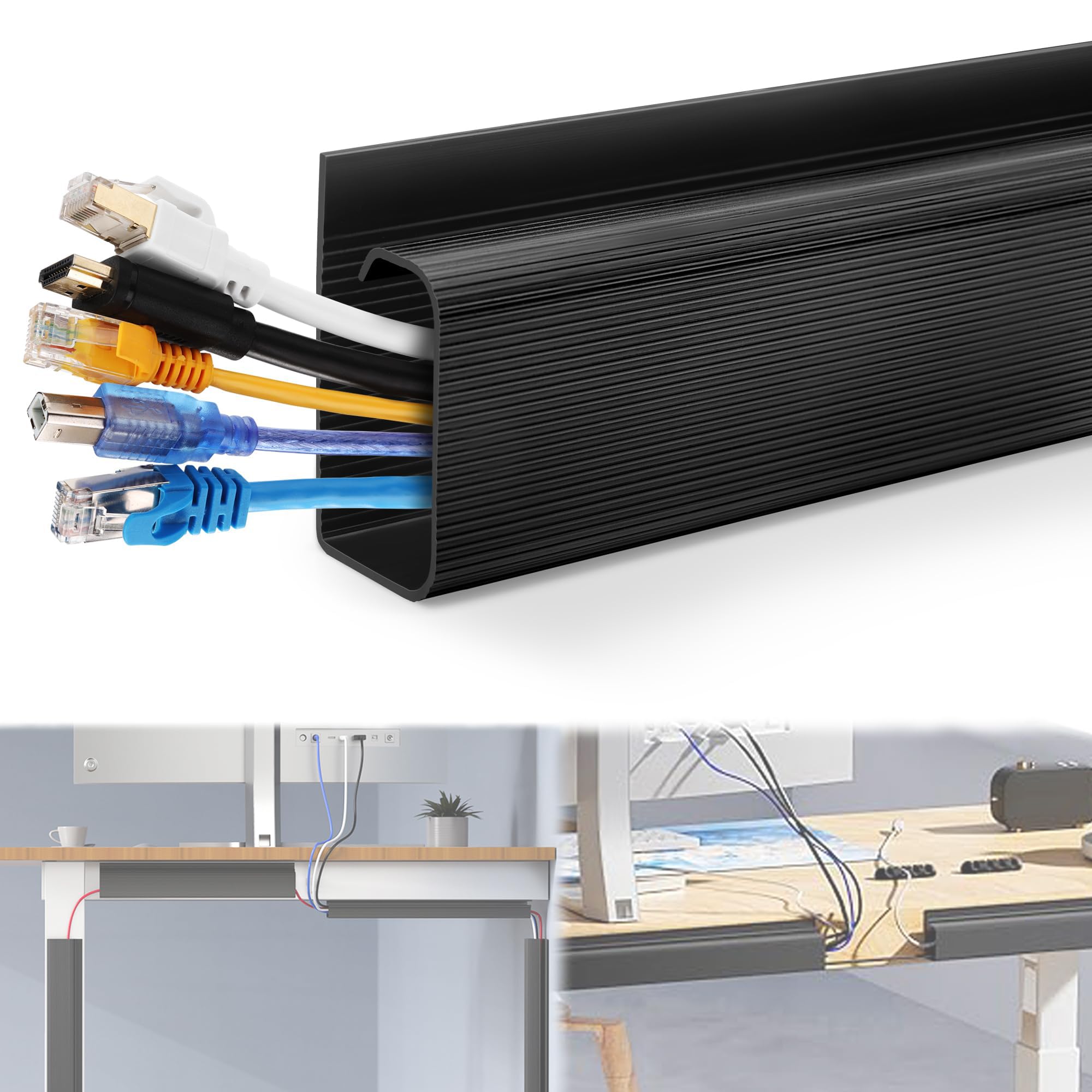 Azonee Cable Management Under Desk Cord Organizer J Channel Cable Raceway Cable Management Tray Self-Adhesive Cable Organizer Cord Management for Cords Wire Management Cable Raceway 4Pack