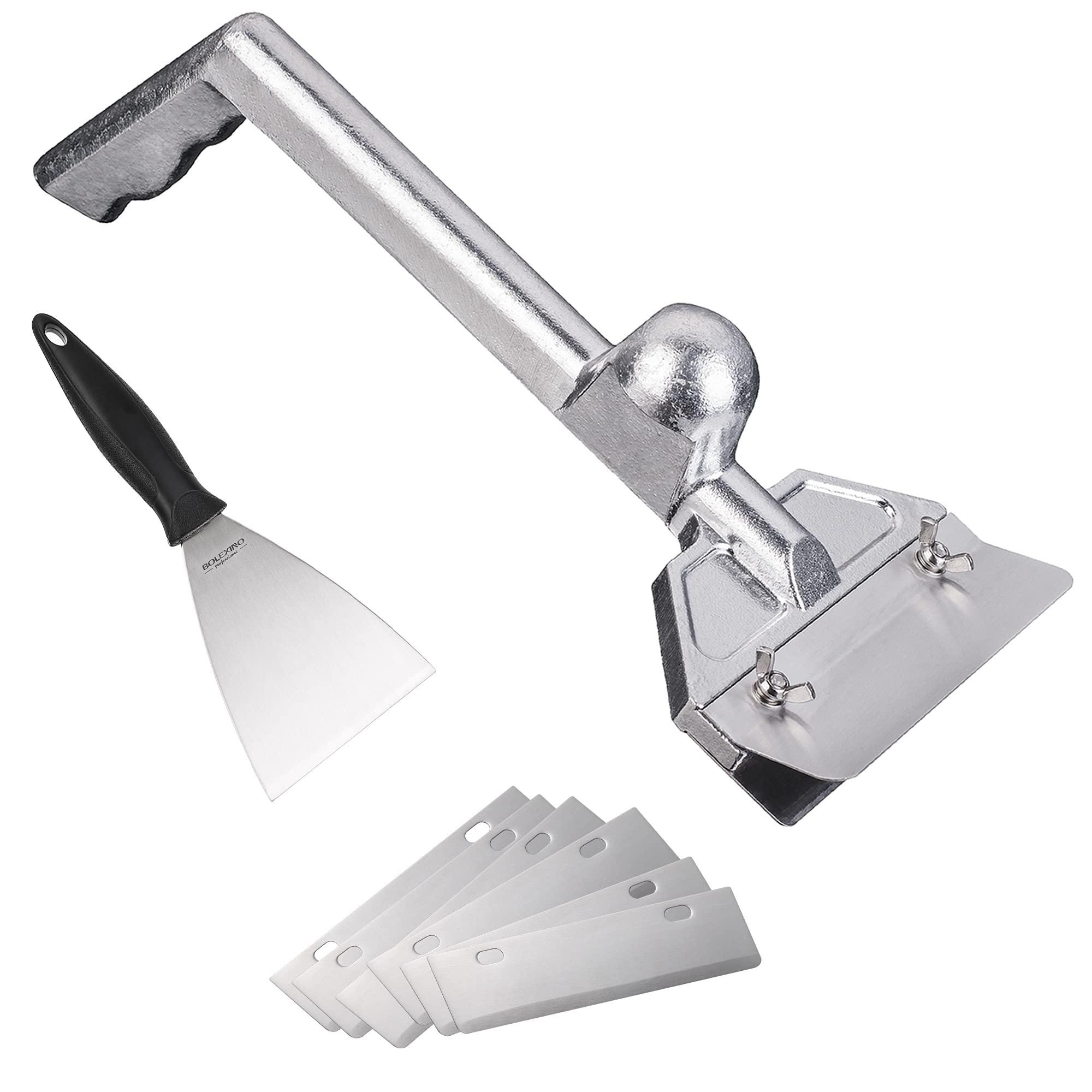 BOLEX 16''X 6'' Grill Scraper, Heavy Duty Casting Aluminum Commercial Griddle Scraper with 5 Blades and Small Slant Edge Grill Scraper