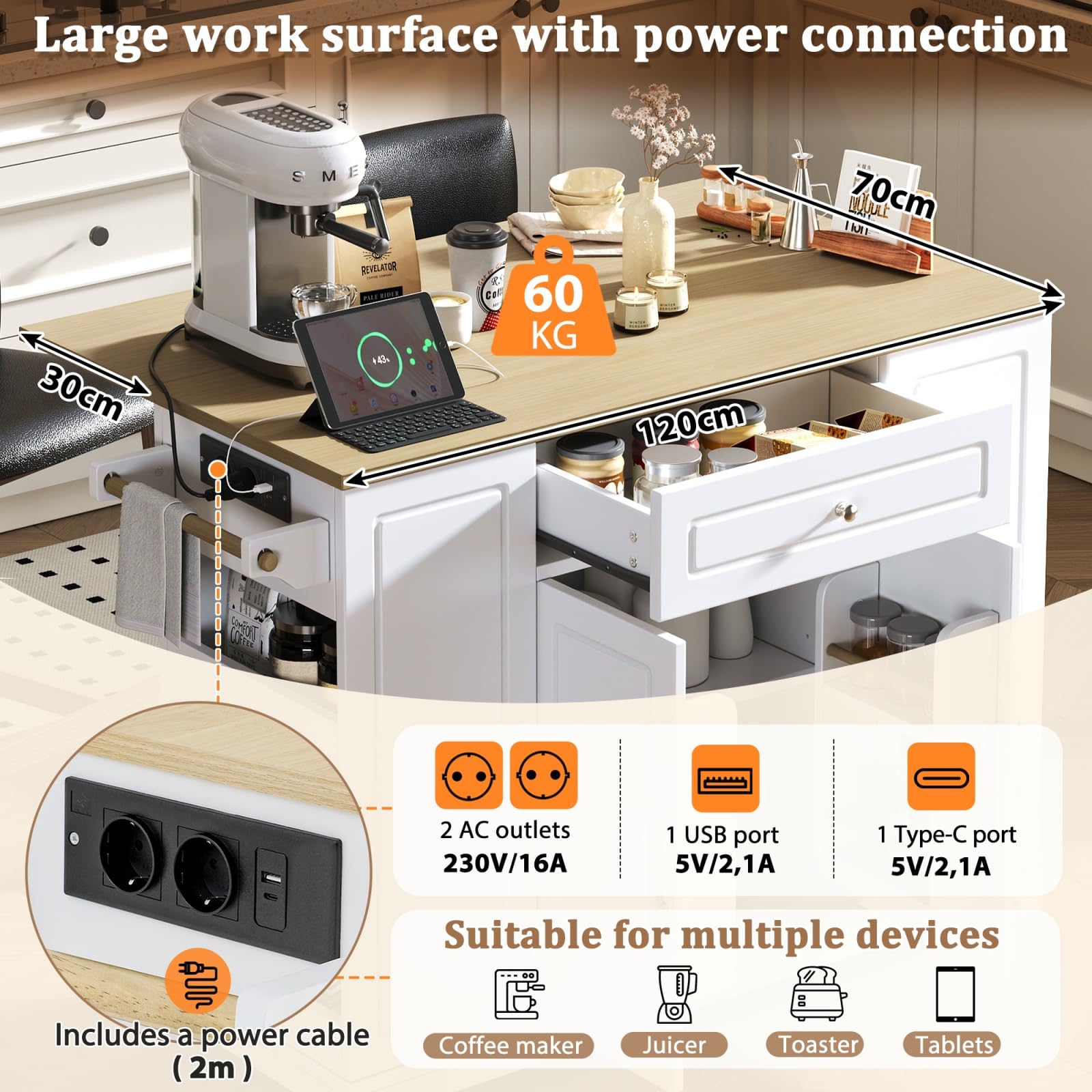 YEHTOKHOME Îlot de Cuisine avec 2 Prises et USB, Chariot de Cuisine avec Plan Rabattable, Poubelle Intégrée, 2 Tiroirs, 2 Portes, roulettes Freinables, pour Salle a Manger (C-Blanc)
