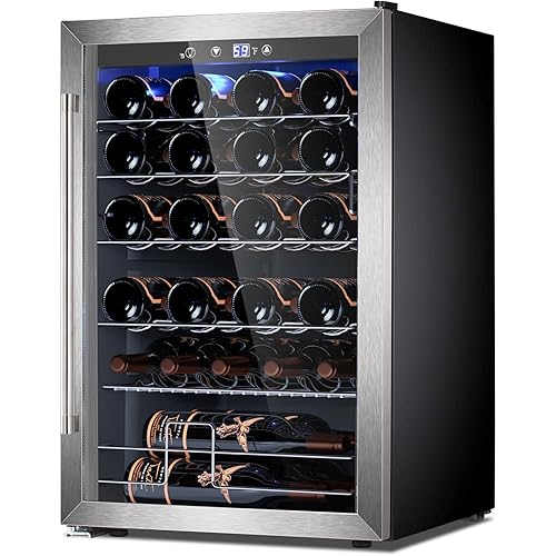 Wine Cooler Refrigerator 4.4 Cu.ft, 37 Bottle Freestanding Cabinet Wine Cellars, Wine Fridge with Glass Door for Home Use, Protecting Your Reds and Whites