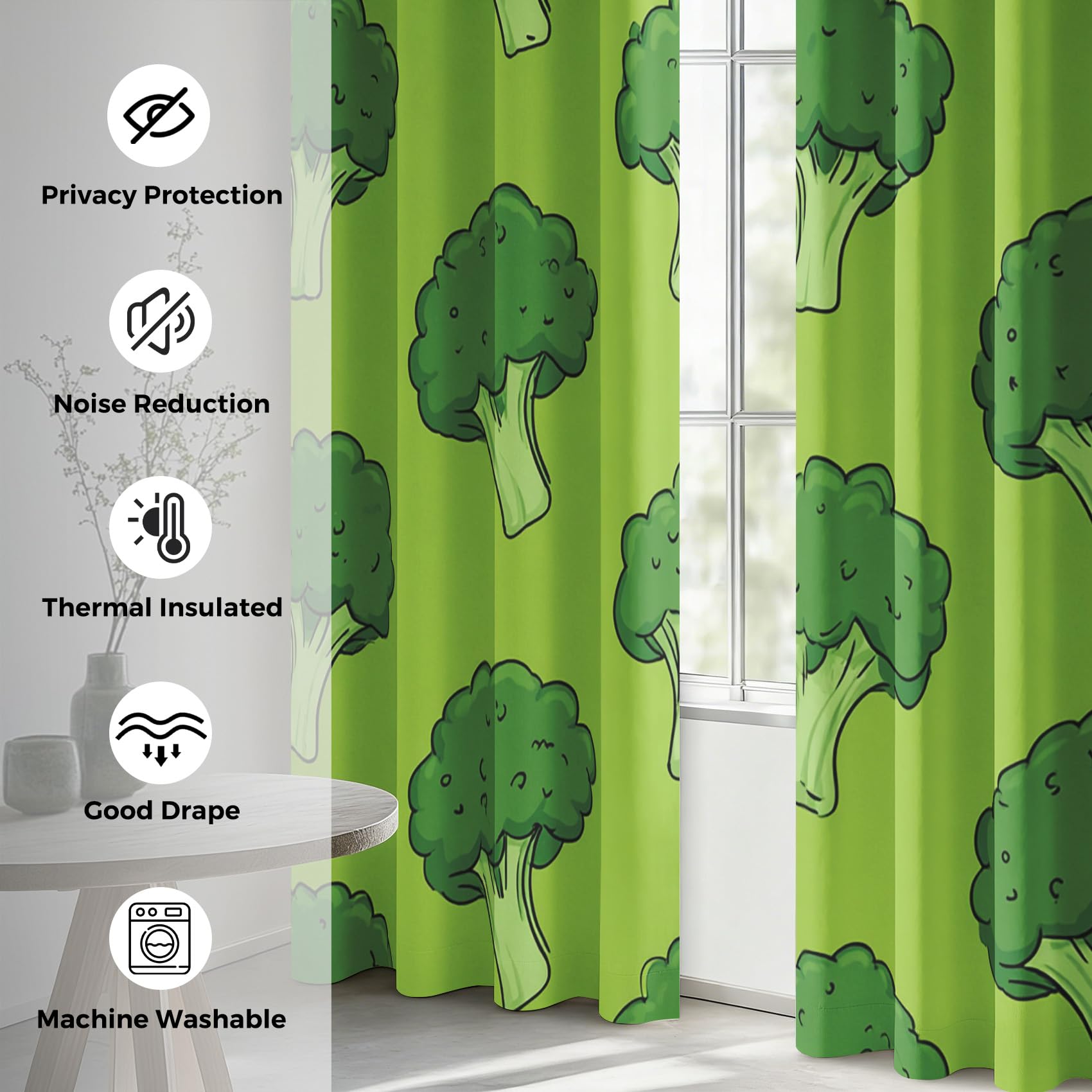 Generisch Blickdichte Vorhänge Brokkoli, Verdunklungsvorhänge Brokkoli Grün Gemüse Gardinen mit Ösen, Vorhang Wohnzimmer Schlafzimmer Fenster Deko, H220 x B140 cm 2er Set