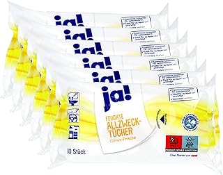 ja! 480 Moist Cleaning Wipes in Dispenser Packaging 80 Pieces with Fresh Lemon Fragrance (6 x 80 Pieces)