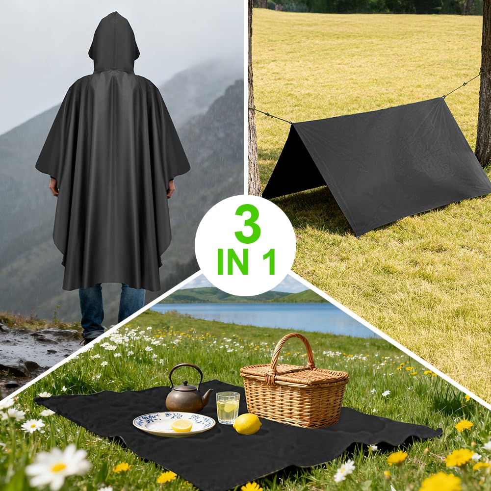 Vicloon Poncho de Lluvia Impermeable, 210T Chubasquero con Capucha para Mujer Hombres, 3 en 1 Multifuncional Chubasquero Transpirable Ultrafino, Toldo Manta, Estera de Camping, Talla grande con Bolsa