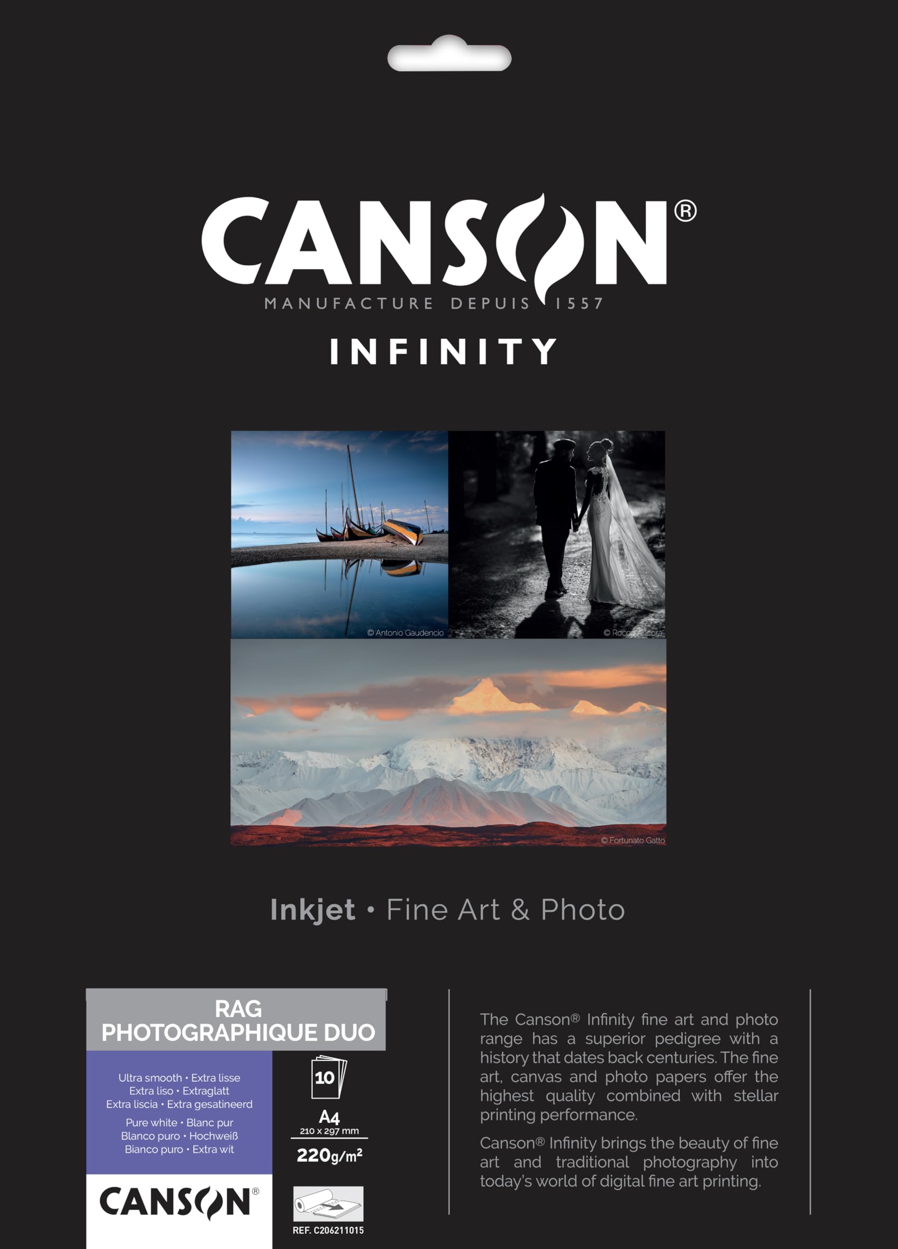 CANSON Infinity Rag Photographique Duo Ultra Smooth 220gsm A4 Paper, Digital Fine Art Reproduction, 10 Pure White Sheets, Ideal for Professional Photographers