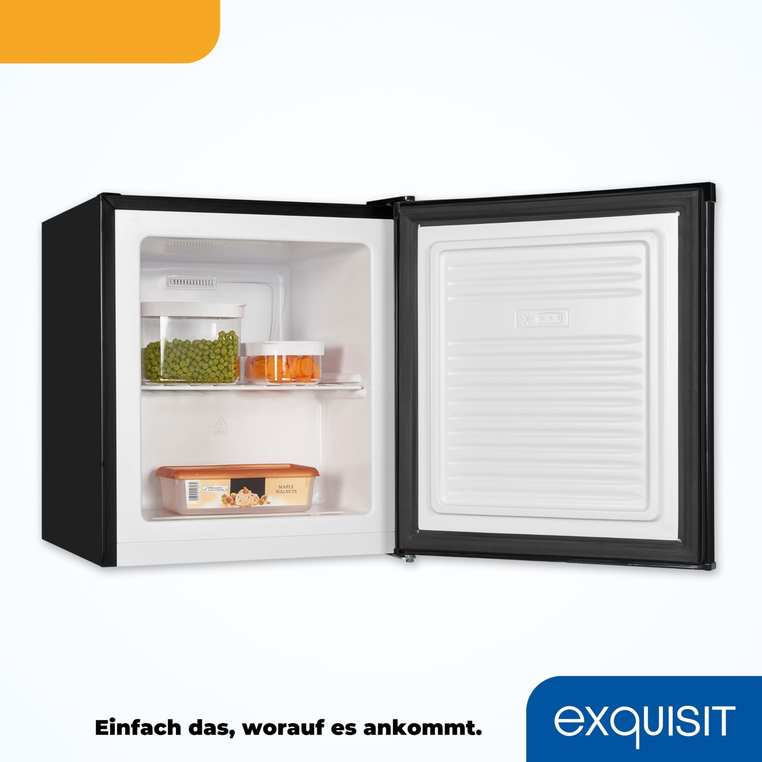 Exquisit Mini-Gefrierschrank GB05-040E - 33 l Gefrierbox in Schwarz | Kompakter Mini-Froster mit Gitterablage, -18 Grad Gefriertemperatur und wechselbarem Türanschlag für Büro oder Camping