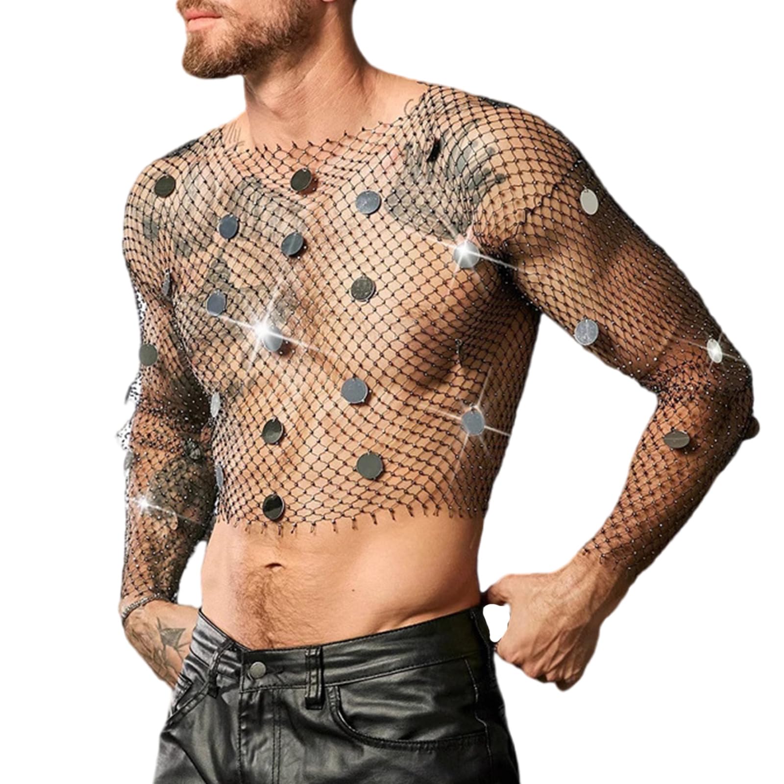 Funkelndes Pailletten Mesh Shirt für Herren, atmungsaktives Outfit, langärmeliges, mit Strasssteinen Verziertes Netz Top, Fischernetz Shirt