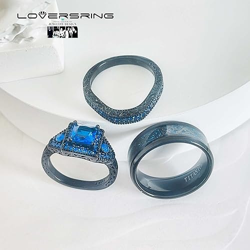 Miniatura 5 de LOVERSRING Juego de anillos de novia para parejas, chapado en oro negro, circonita azul, acero inoxidable de 10 quilates, anillo de boda