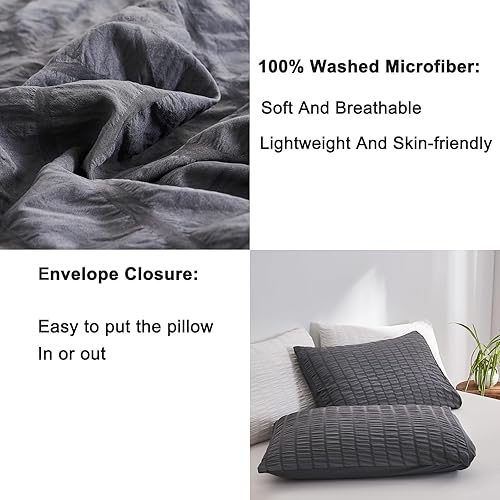 Miniatura 7 de DuShow - Juego de funda de edredón con lino ultra suave, sirsaca, cierre de cremallera y color liso, 3 piezas