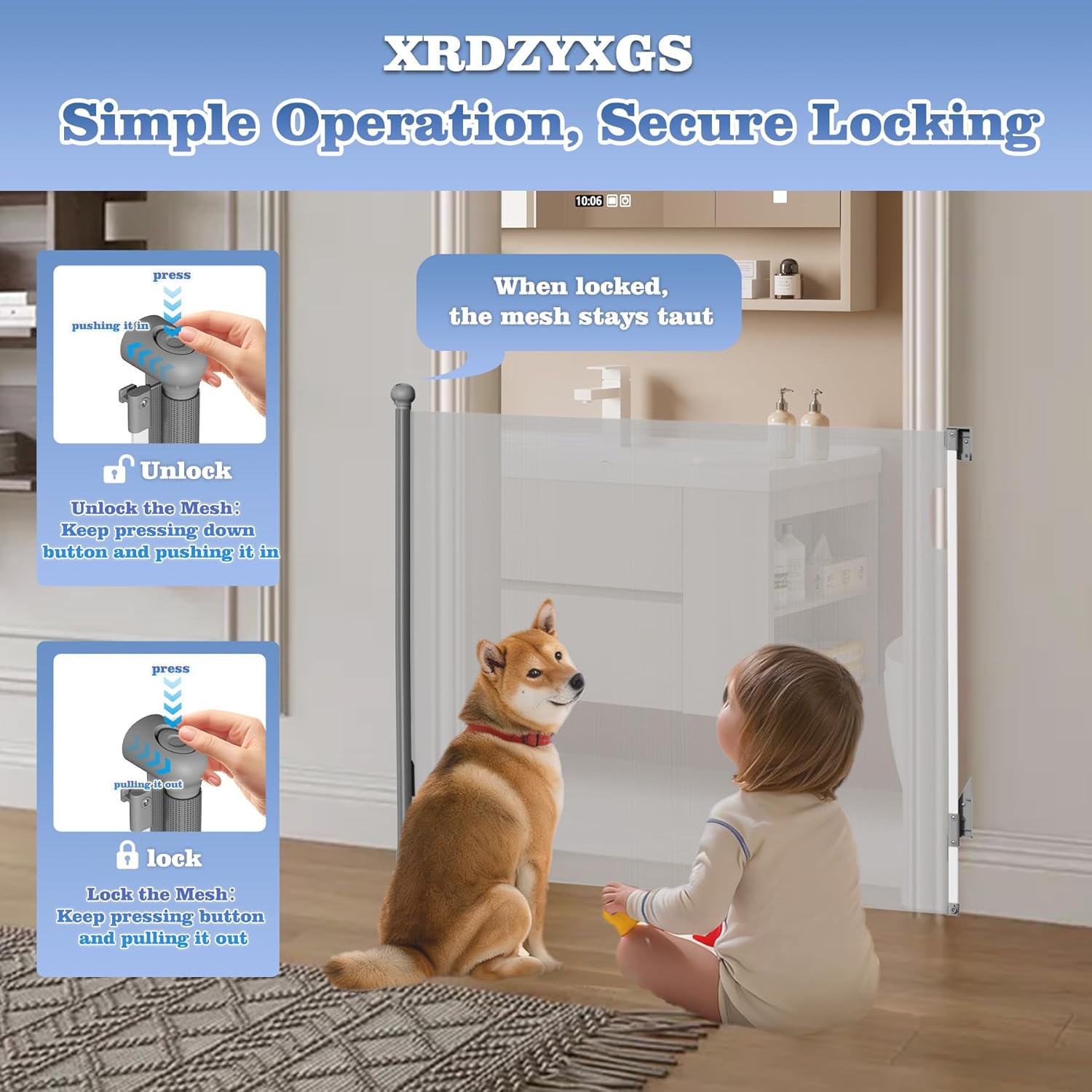 Retractable Baby Gate for Stairs Doorways - Extra Wide 55" No-Drill Pressure Mount OR Screw Mount, Space Saving Mesh Gate with No Bottom Bar Trip Hazard, for Indoor Outdoor Use with Kids, Dogs & Cats