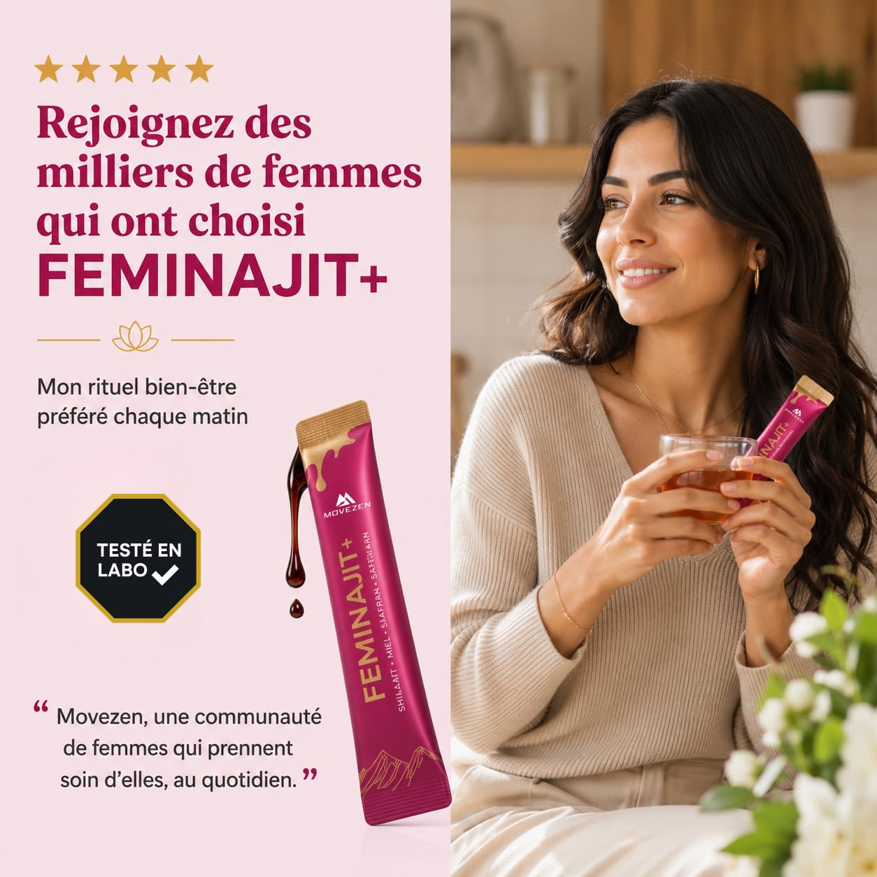 Feminajit+ Shilajit Femme en Stick Pré-dosé, Shilajit Pure Shatavari miel & Safran Movezen, Énergie Durable, Menopause, Vitalité, 30 Sticks Riche en Acide Fulvique, 85+ Minéraux Saveur Fraise