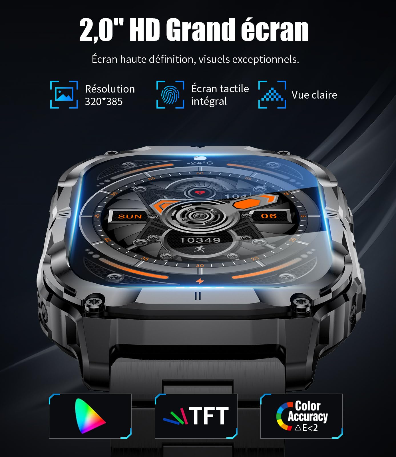 Militaire Montre Connectée Homme, Appel Bluetooth, 2.0" HD Grand Écran Smartwatch avec Torche LED/Batterie 1000mAh/Fitness Tracker/100+ Modes Sportifs, 2 Câbles de Chargement, Android iOS, Noir-orange