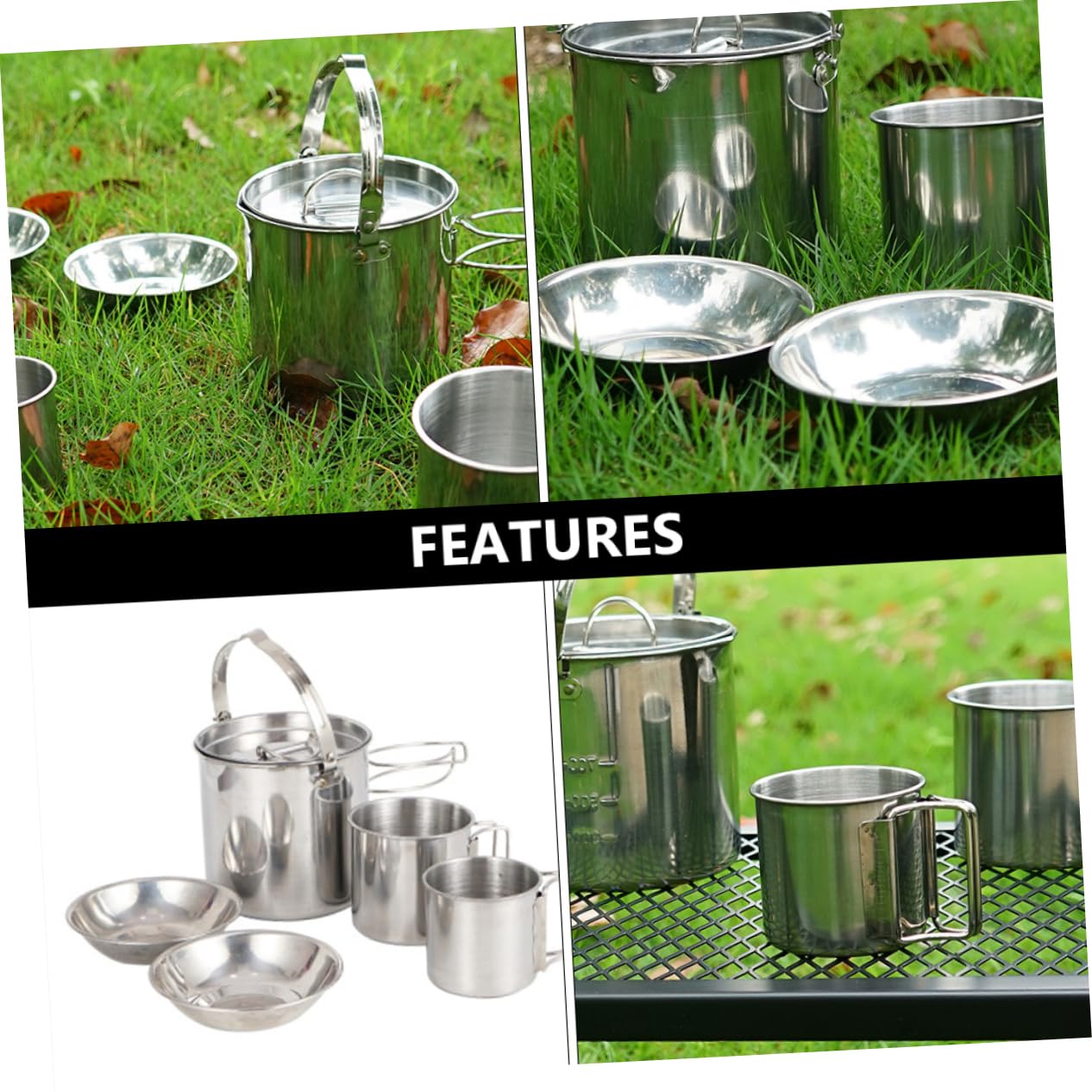 HANABASS Kit Couvert Camping Bouilloire Randonnée Cuisine Pique- Bol Acier Inoxydable Vaisselle Extérieur
