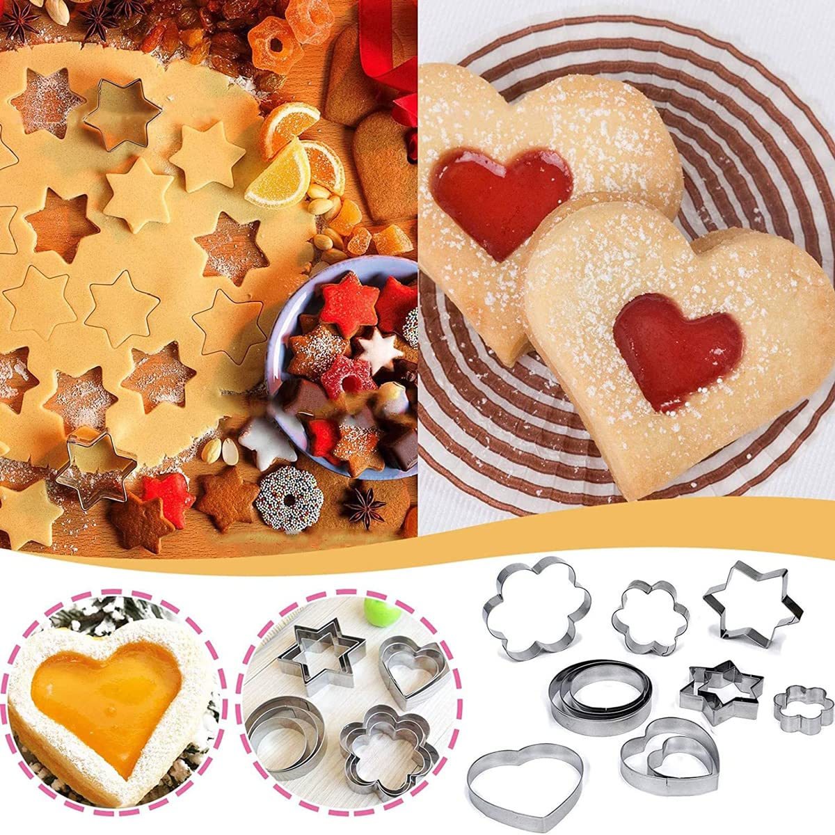 Juego de 12 moldes de acero inoxidable, forma de estrella, forma de corazón redondo, para galletas, para postres, cocina, Halloween, Navidad, San Valentín