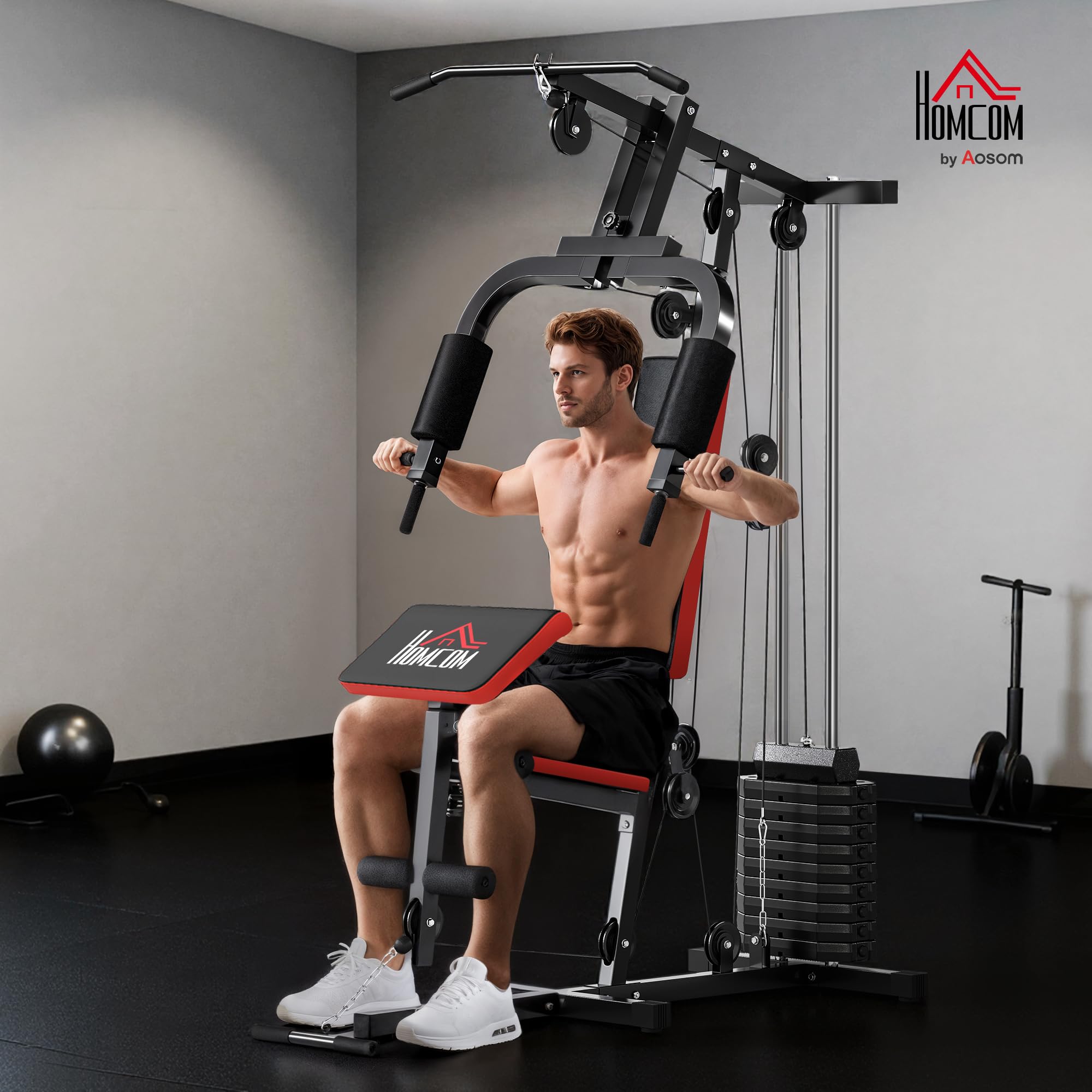 HOMCOM Multiestación de Musculación con Barra Pulldown, Press de Pecho, Prensa de Piernas, Banco Predicador, Placas de Peso 65 kg Máquina de Musculación para Entrenamiento Fitness en Hogar Gimnasio