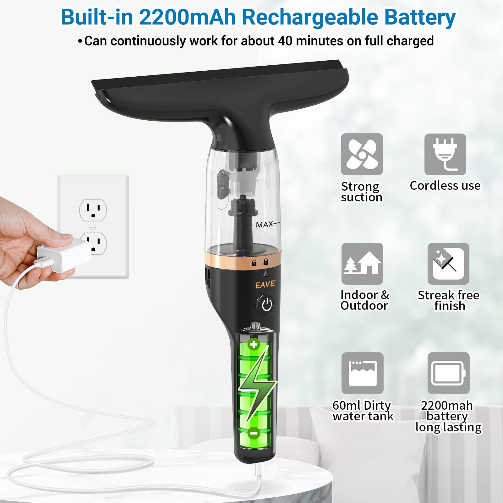 Nettoyeur de Vitres Aspirateur de fenêtre rechargeable - Kit de nettoyage électrique pour vitres - Réservoir d'eau de 60 ml Aspirateur de fenêtre sans Fil avec vaporisateur (noir)