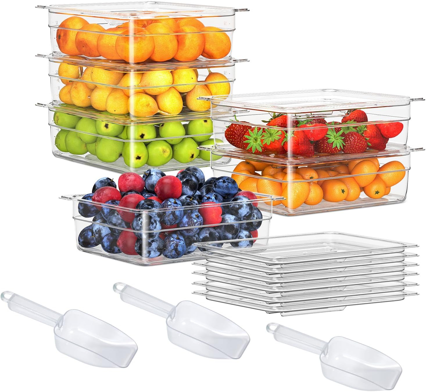 6 Pack Plastic Food Pan with Lid 1/2 Size 4 Inch Deep Restaurant Clear Food Storage Containers Polycarbonate Commercial Hotel Pans for Fruits Vegetables Beans Corns (6 PCS, 4'' Deep)