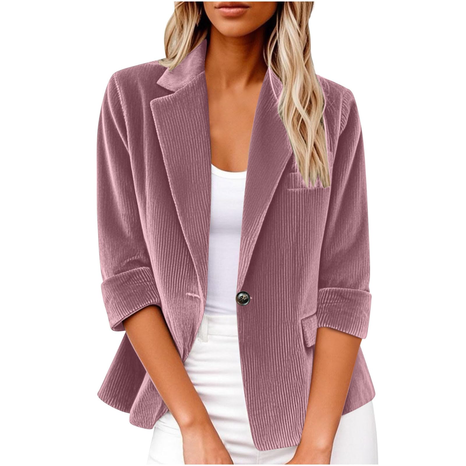 3 4 Sleeve Corduroy Blazers Womens Button Down Suit Jackets Casual Work Lapel Blazer Business Attire 2025