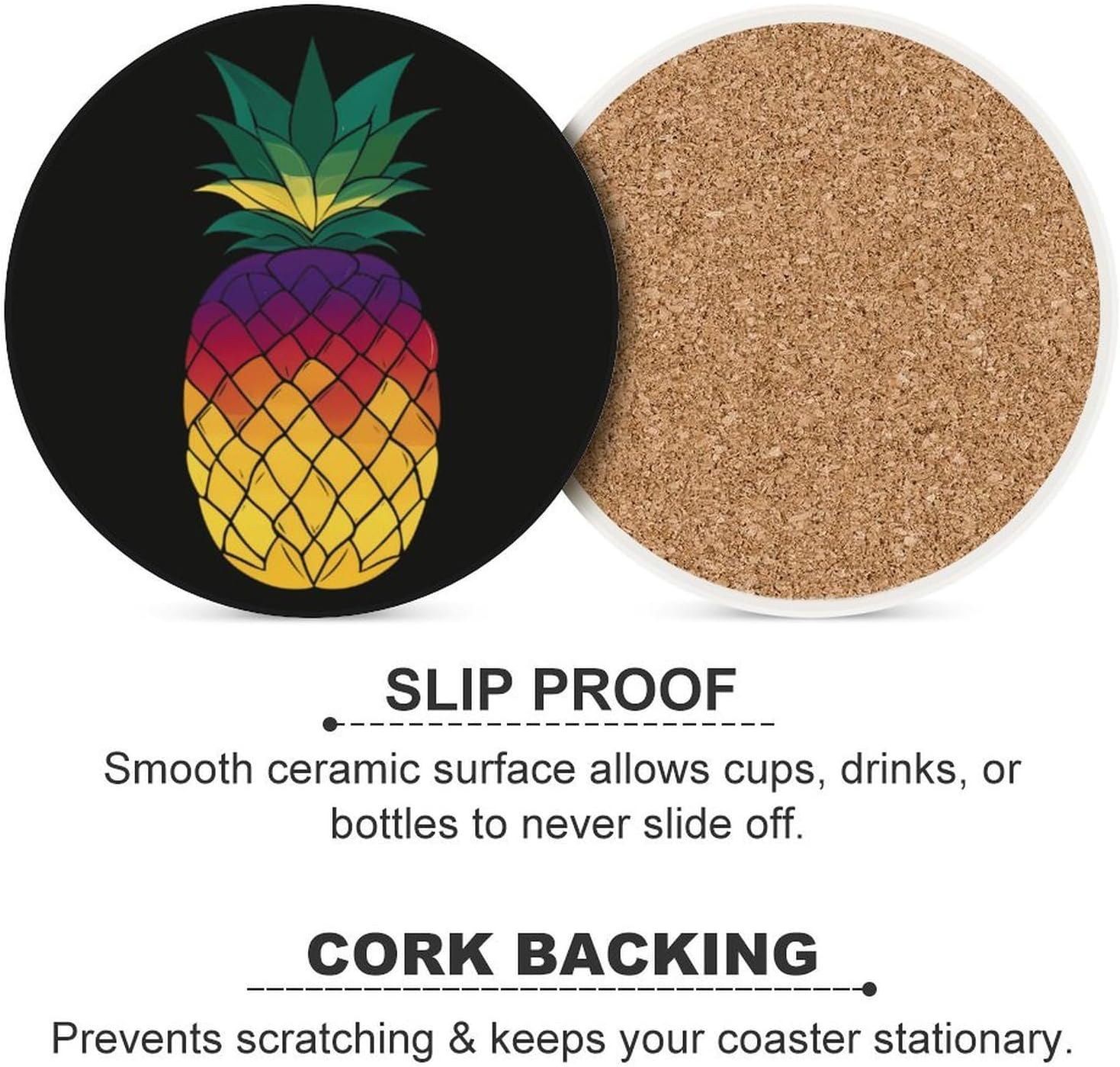 Rainbow Pineapple Round Ceramic Coasters for Drinks Absorbent Cup Holder Tabletop Protector with Cork Base