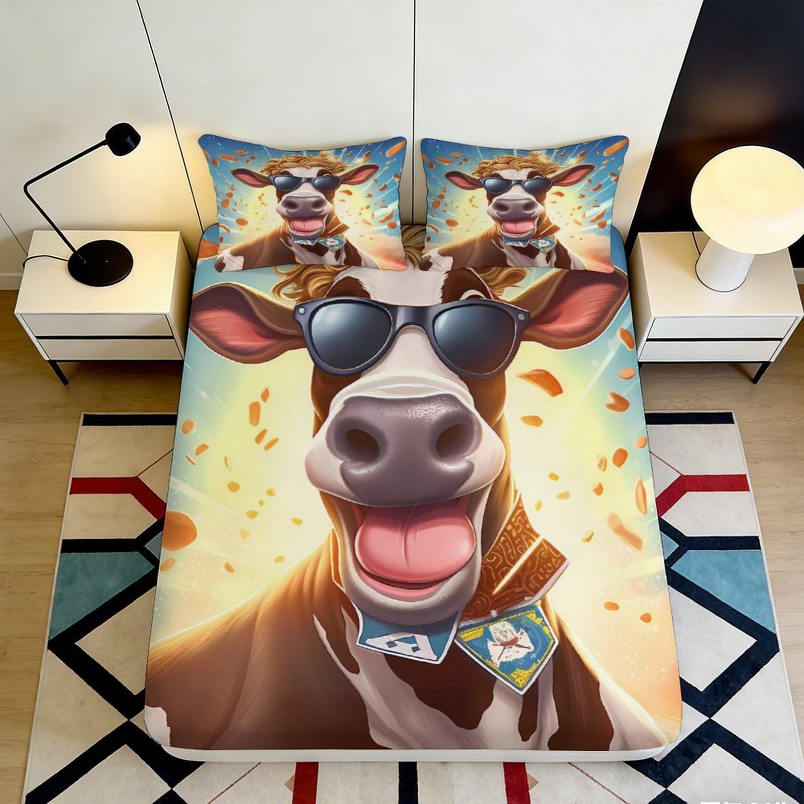 3D Printed Cool Cow Pattern Fitted Sheet Microfiber Soft Breathable Sunglasses Cow Mattress Cover for Bedroom Dormitory Guest Room Mattress Protection Decor 160x200x25cm