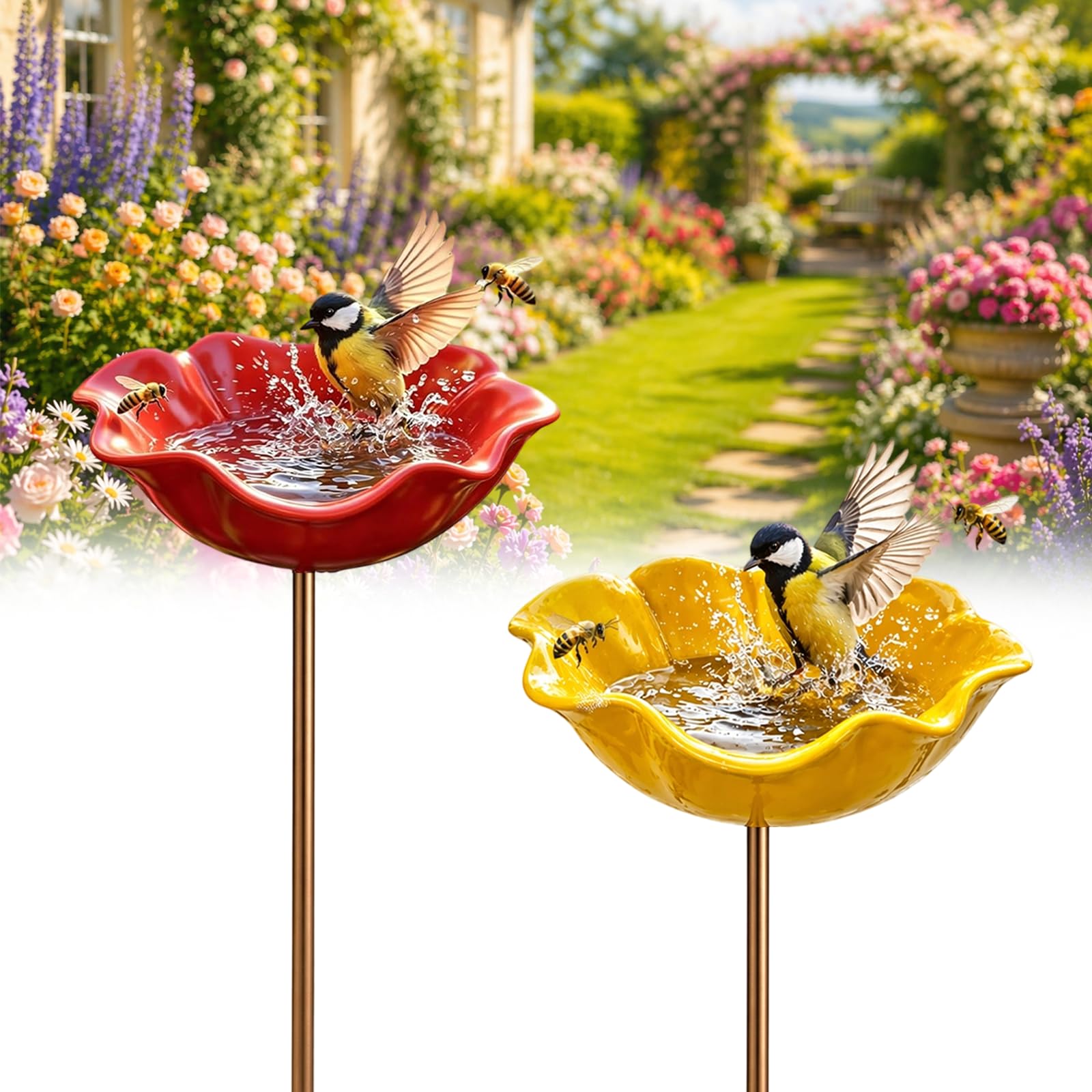 Handmade Metal Flower Garden Stake Bird Bath Bowl - Weather-Resistant Bee Watering Station & Flower Bird Feeder, Decorative Outdoor Metal Flowers for Yard Lawn Patio Decor (2Pcs-C) — image 1