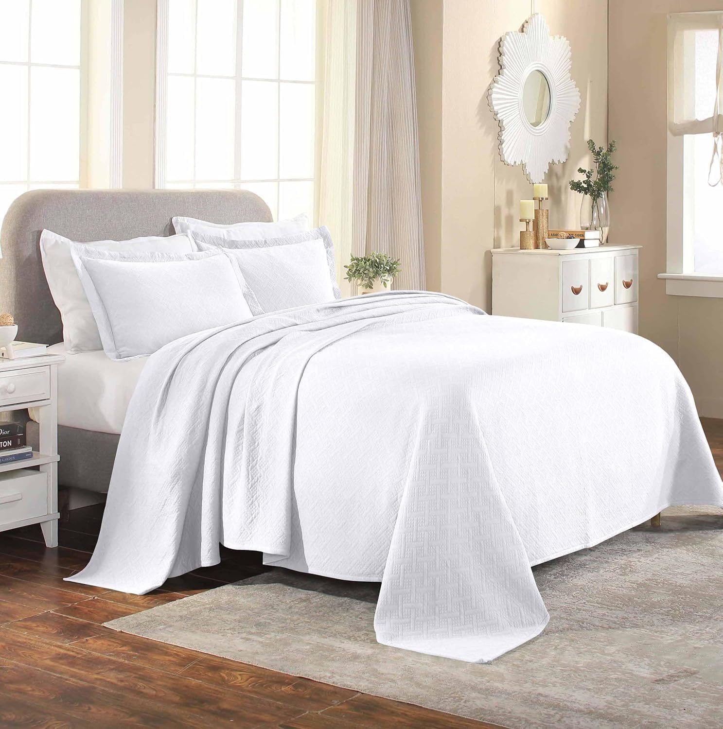 Superior 100% Cotton Basket Weave Bedspread with Shams, All-Season Premium Cotton Matelasse Jacquard Bedding, Quilted-Look Geometric Basket, King, White
