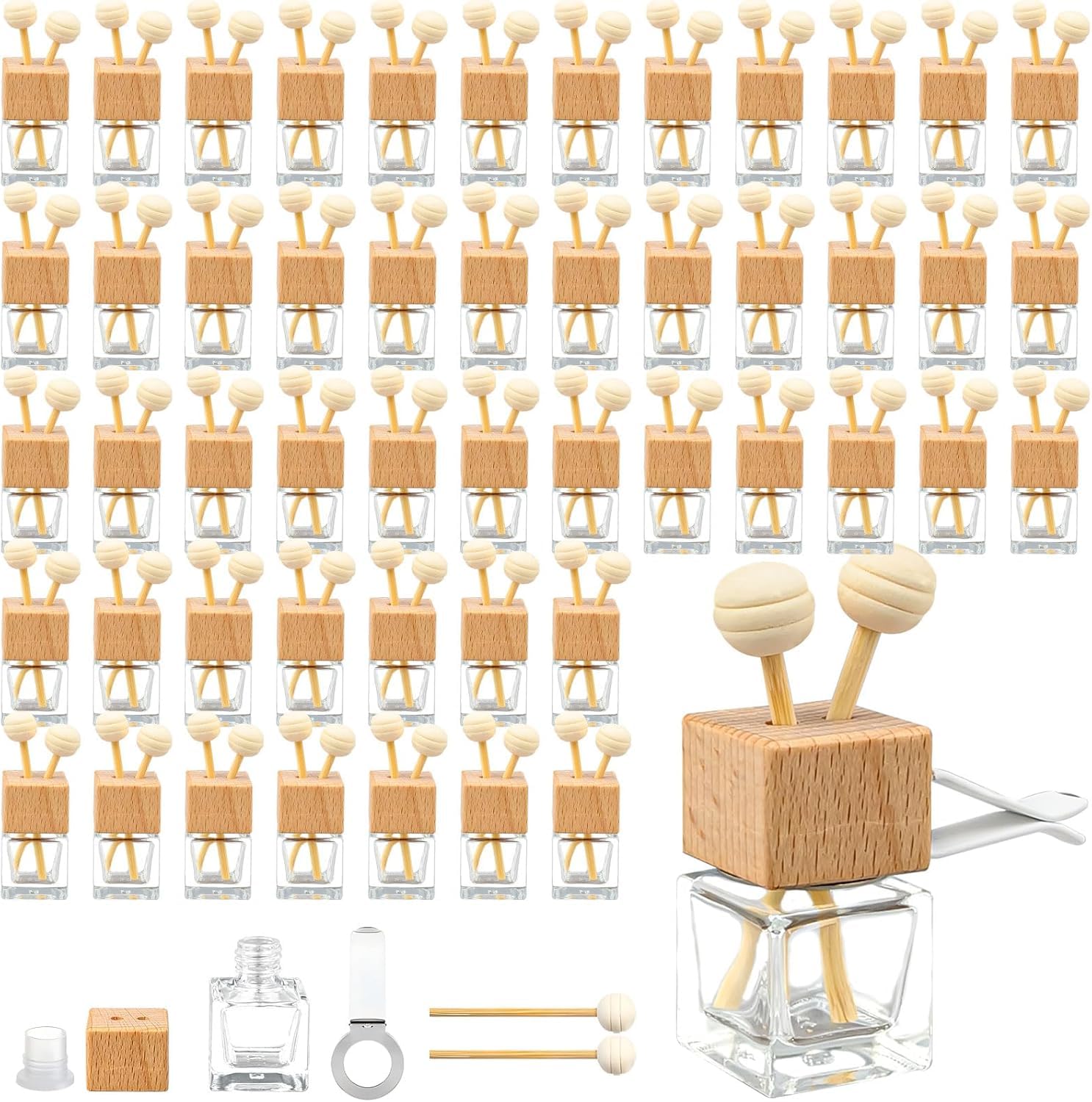 50 ambientadores para coche, 8 ml, de cristal vacío, con clip y tapa de madera, rellenables, con varillas de fragancia