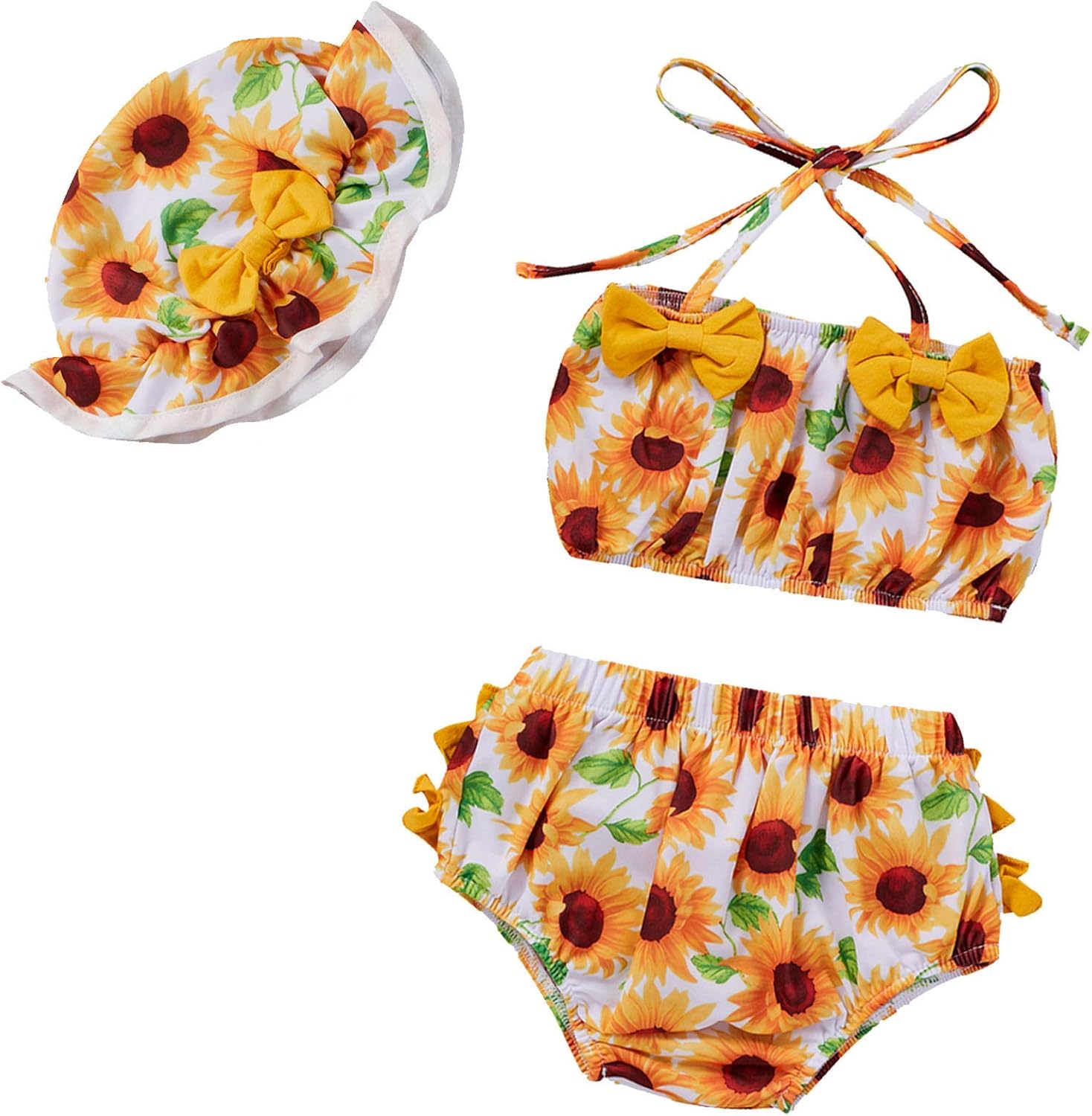 Bay Girl Swimsuit, Bathing Suits for Babies Flounce Halter Tops Ruffle Bikini Bottom with Beach Sun Hat 3 Piece Swimwear: Clothing, Shoes & Jewelry