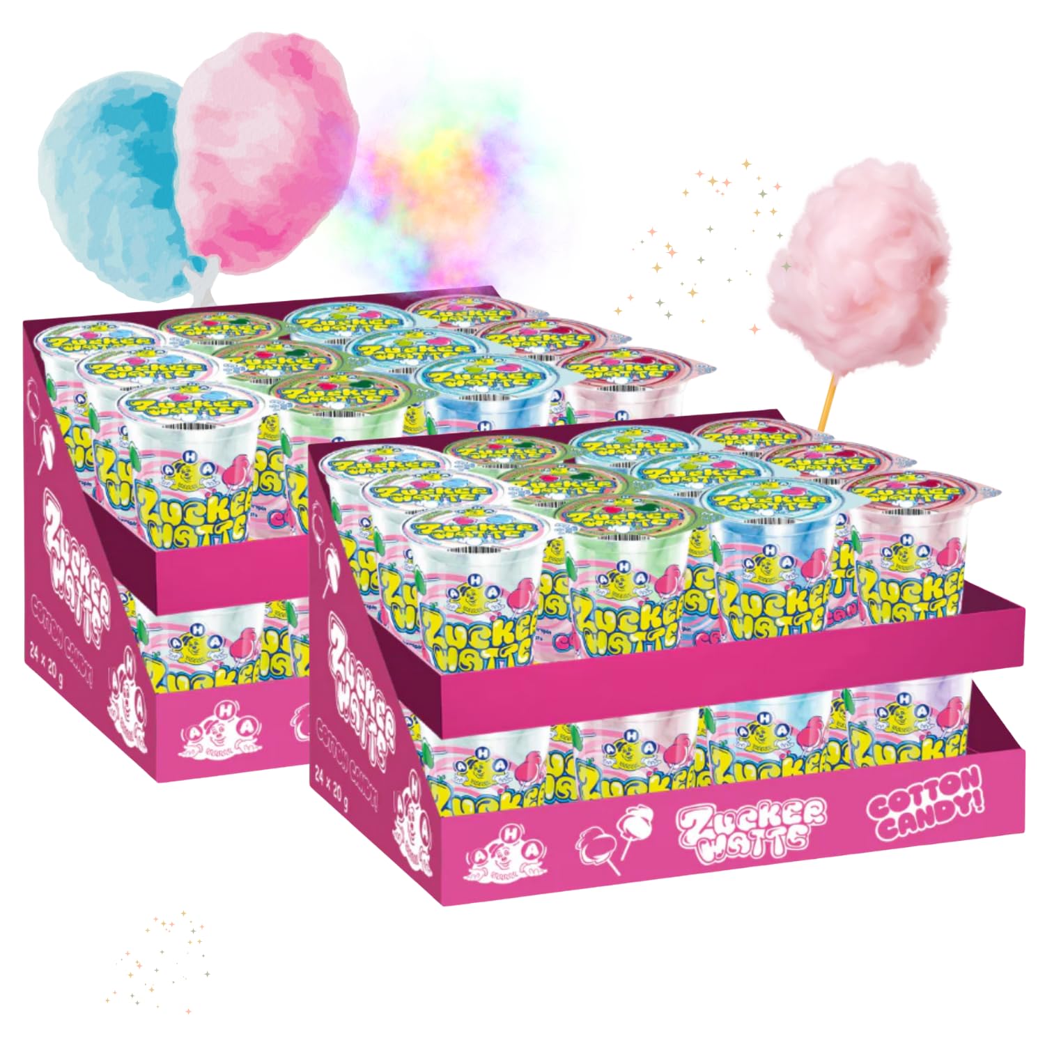 AHA - Juego de 7 tipos de algodón de azúcar (48 x 20 g, en vaso, 7 sabores)