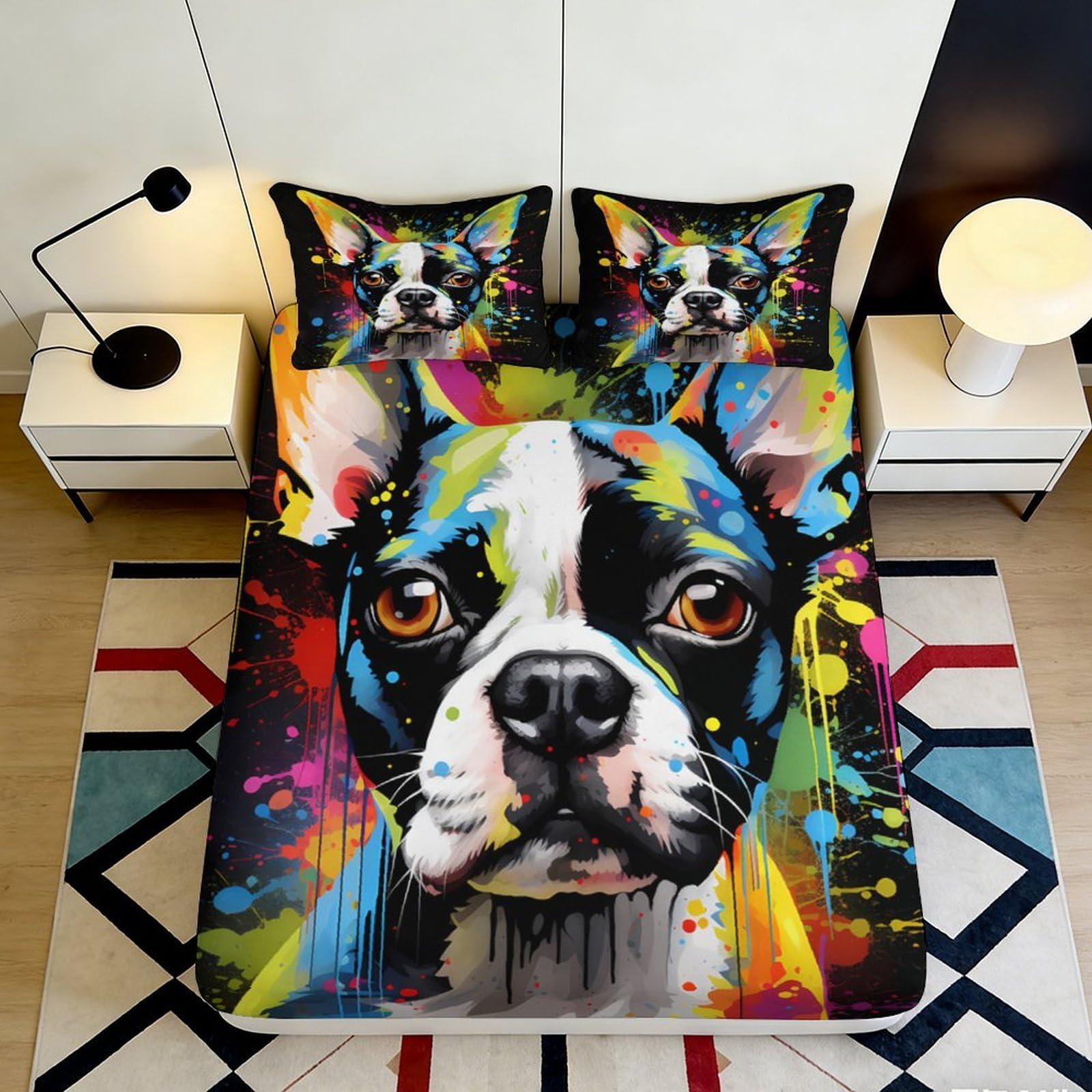 3D Printed Colorful Dog Art Fitted Sheet Microfiber Vibrant Boston Terrier Mattress Cover Bedroom Easy Care Decor 90x200x25cm